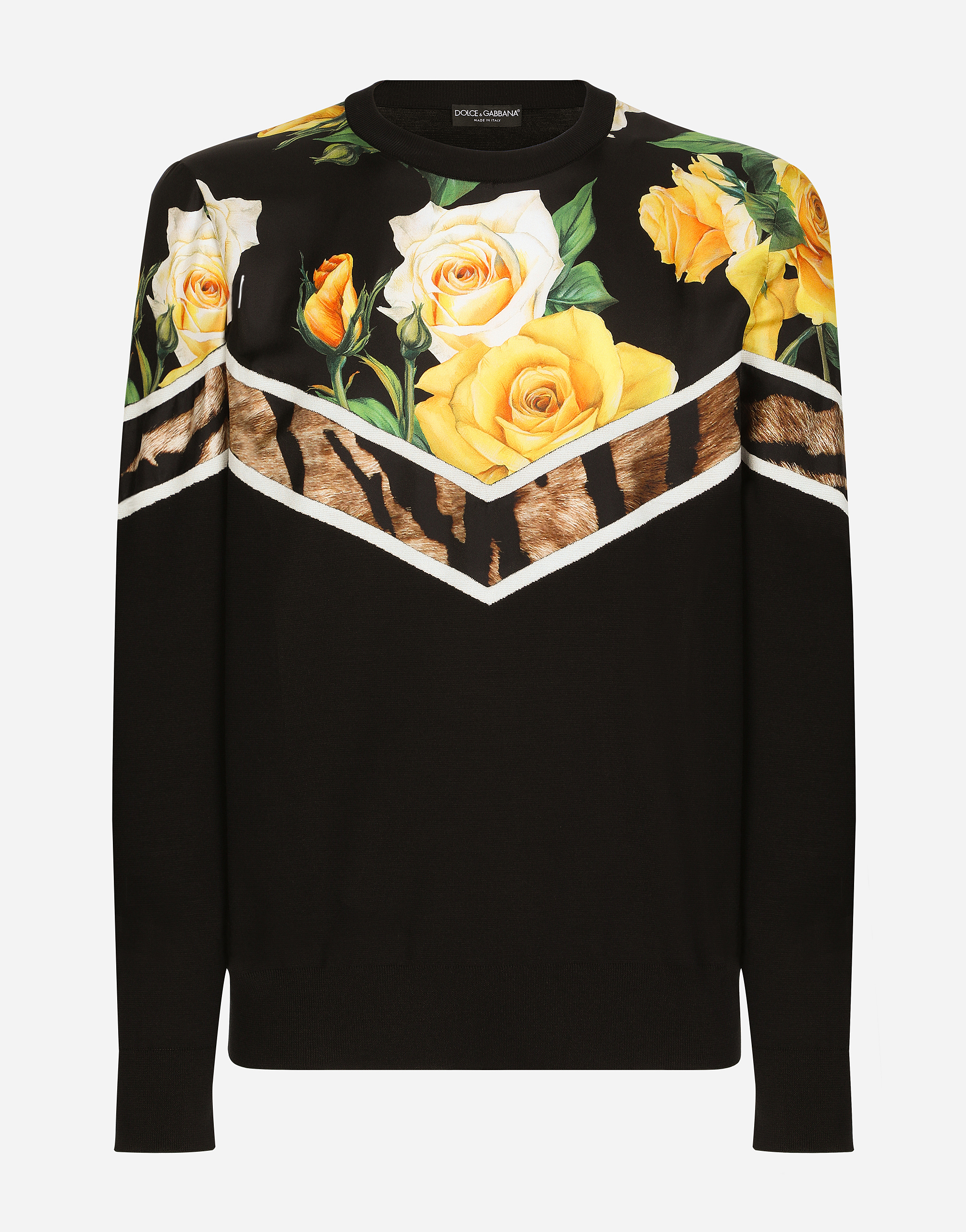 Silk round-neck sweater with printed twill inserts in Multicolor