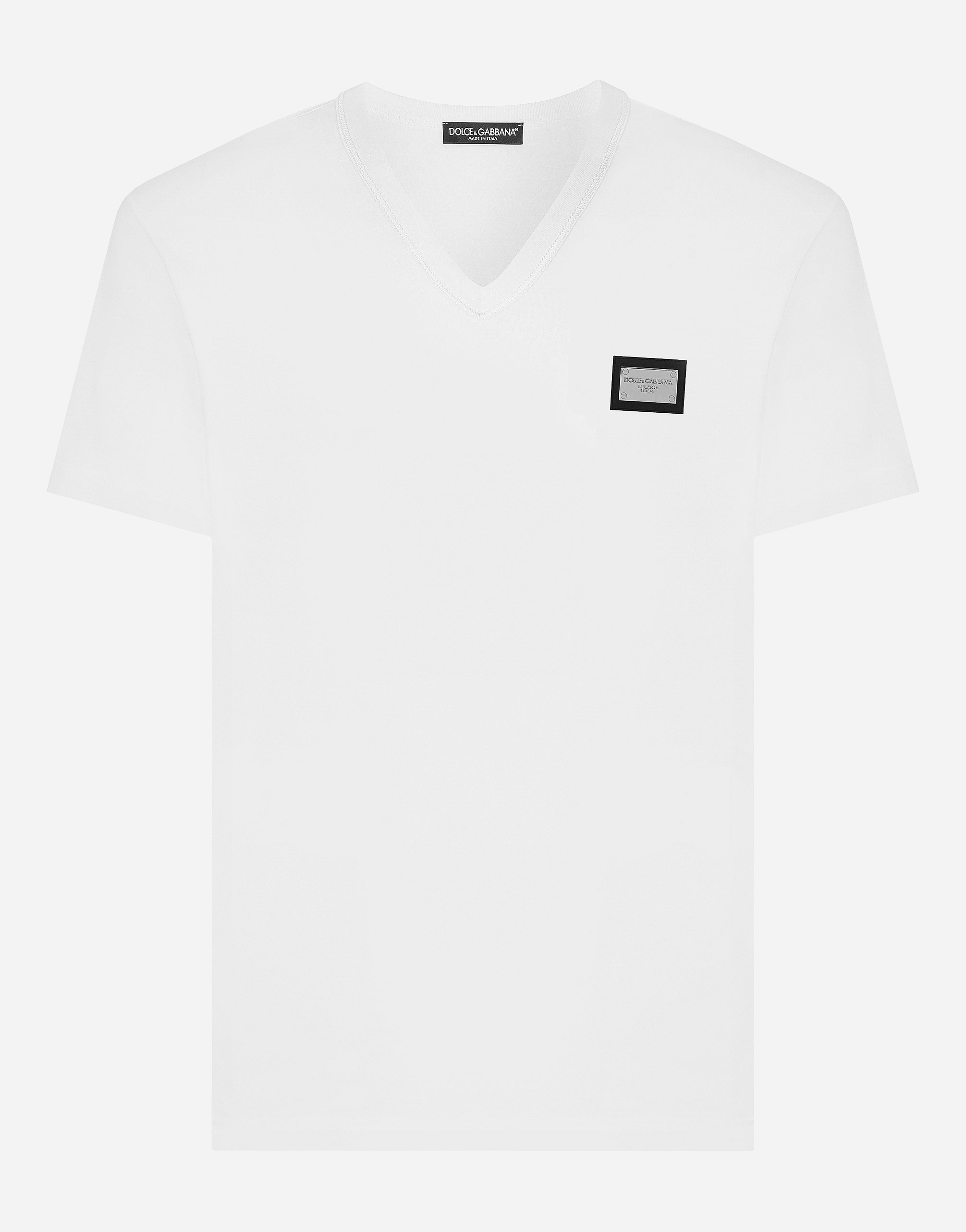 Cotton V-neck T-shirt with branded tag in White