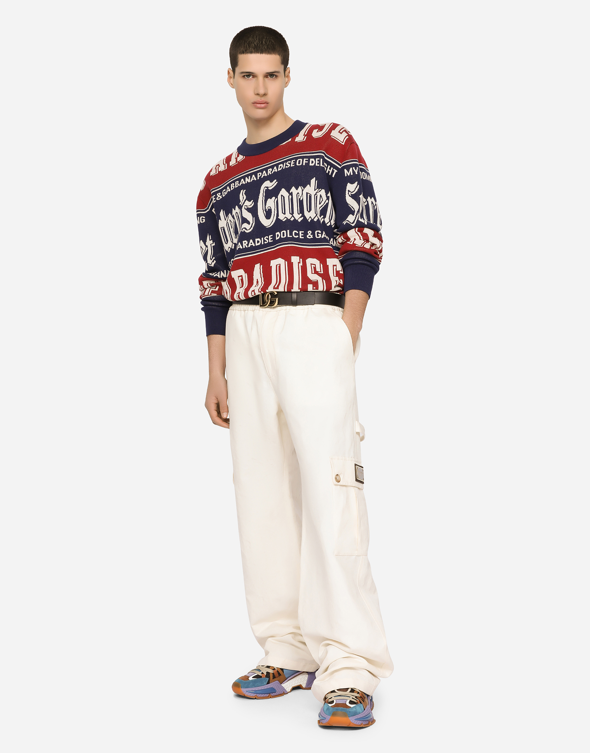 Round-neck cotton jacquard sweater with lettering in Multicolor