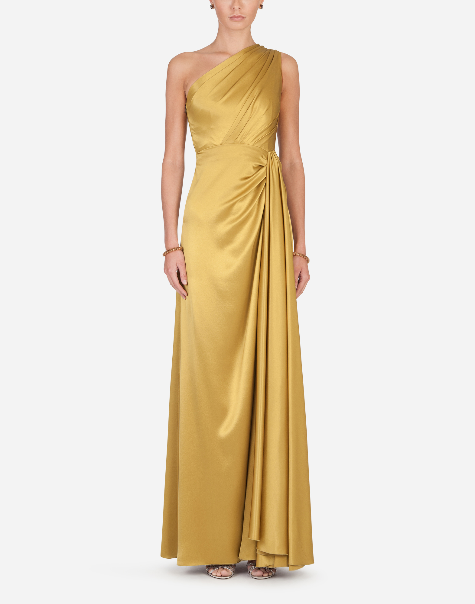 Long one-shoulder silk dress in Yellow