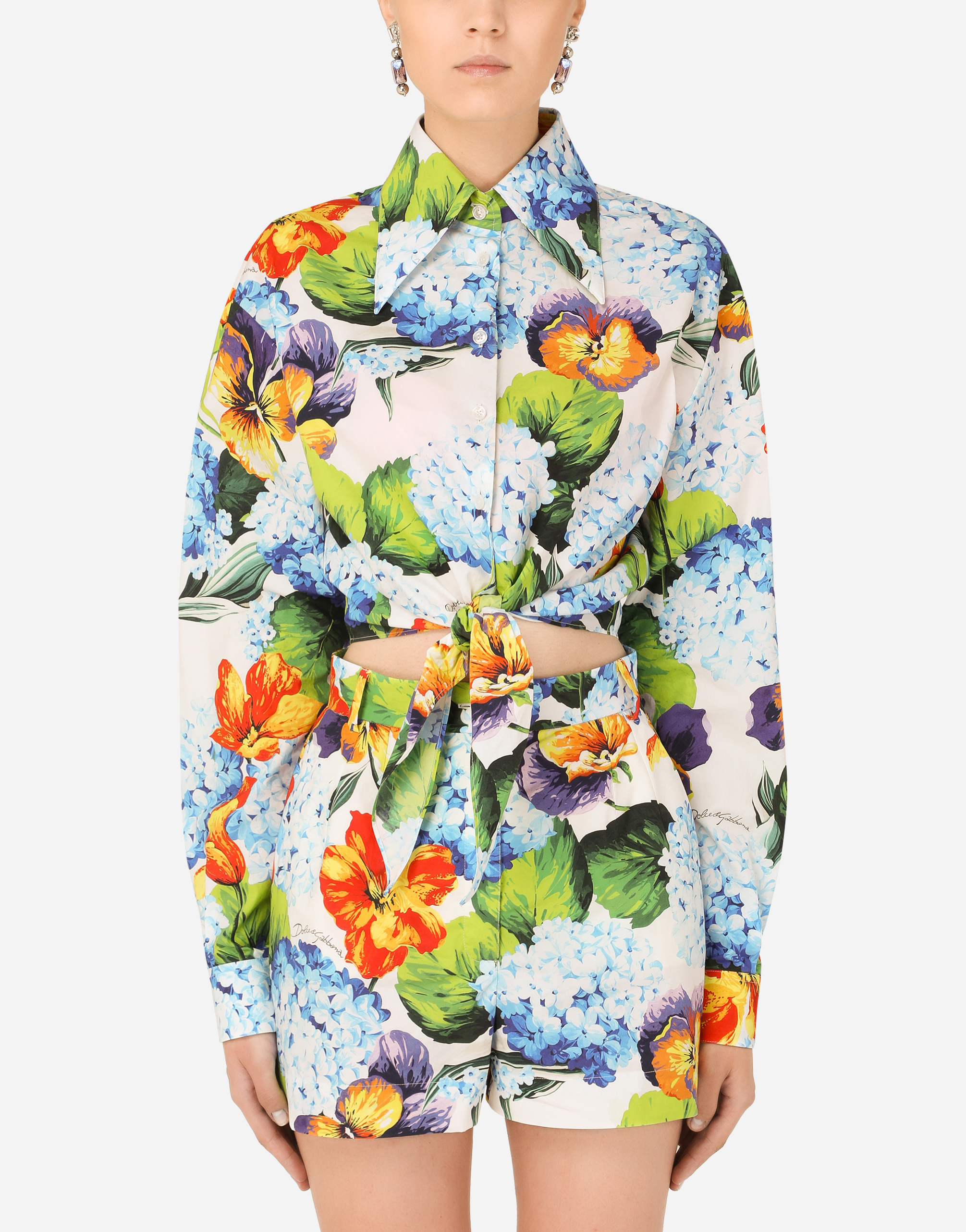 Hydrangea-print poplin shirt with tie in Multicolor