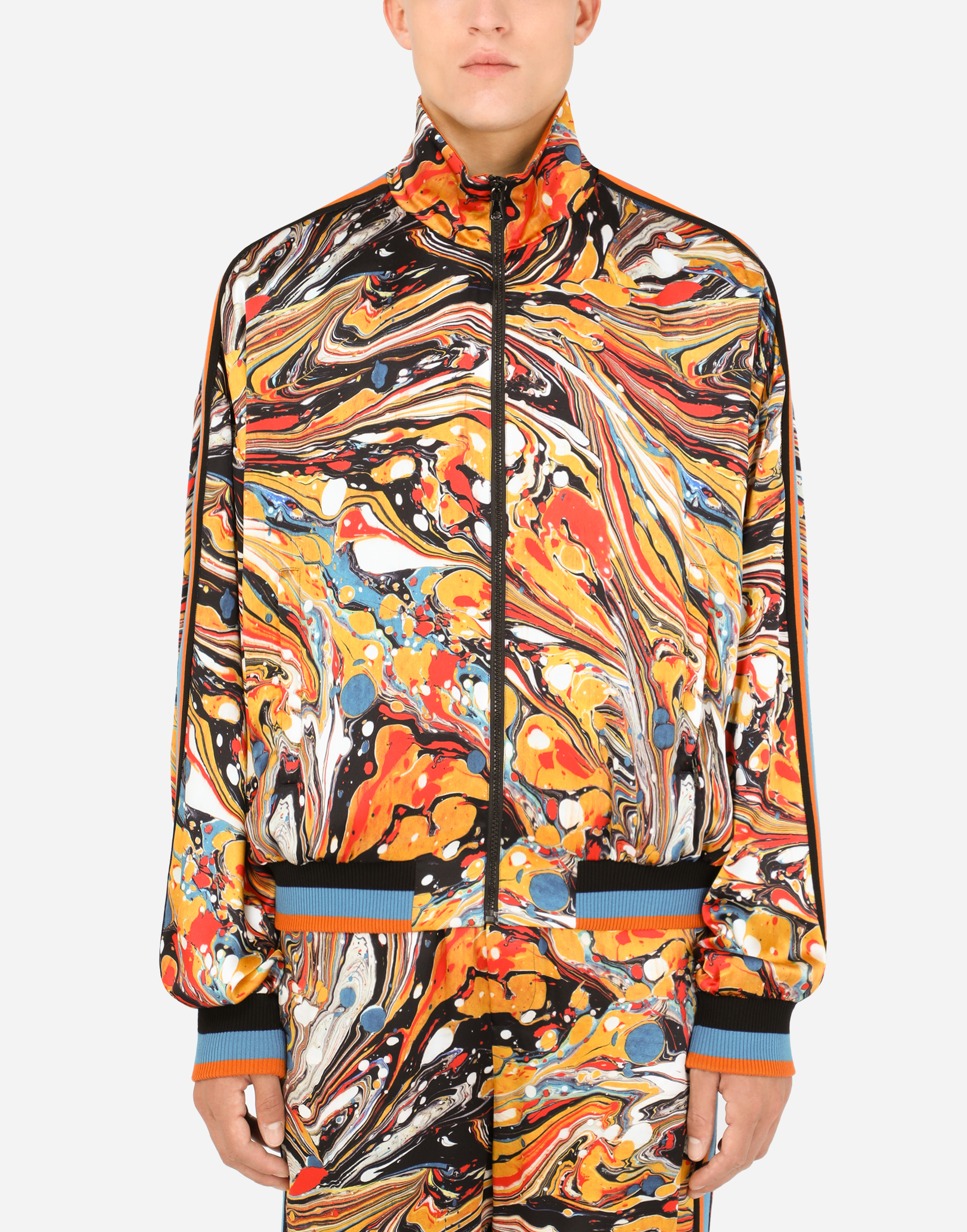 Zip-up technical jersey sweatshirt with marbled print in Multicolor