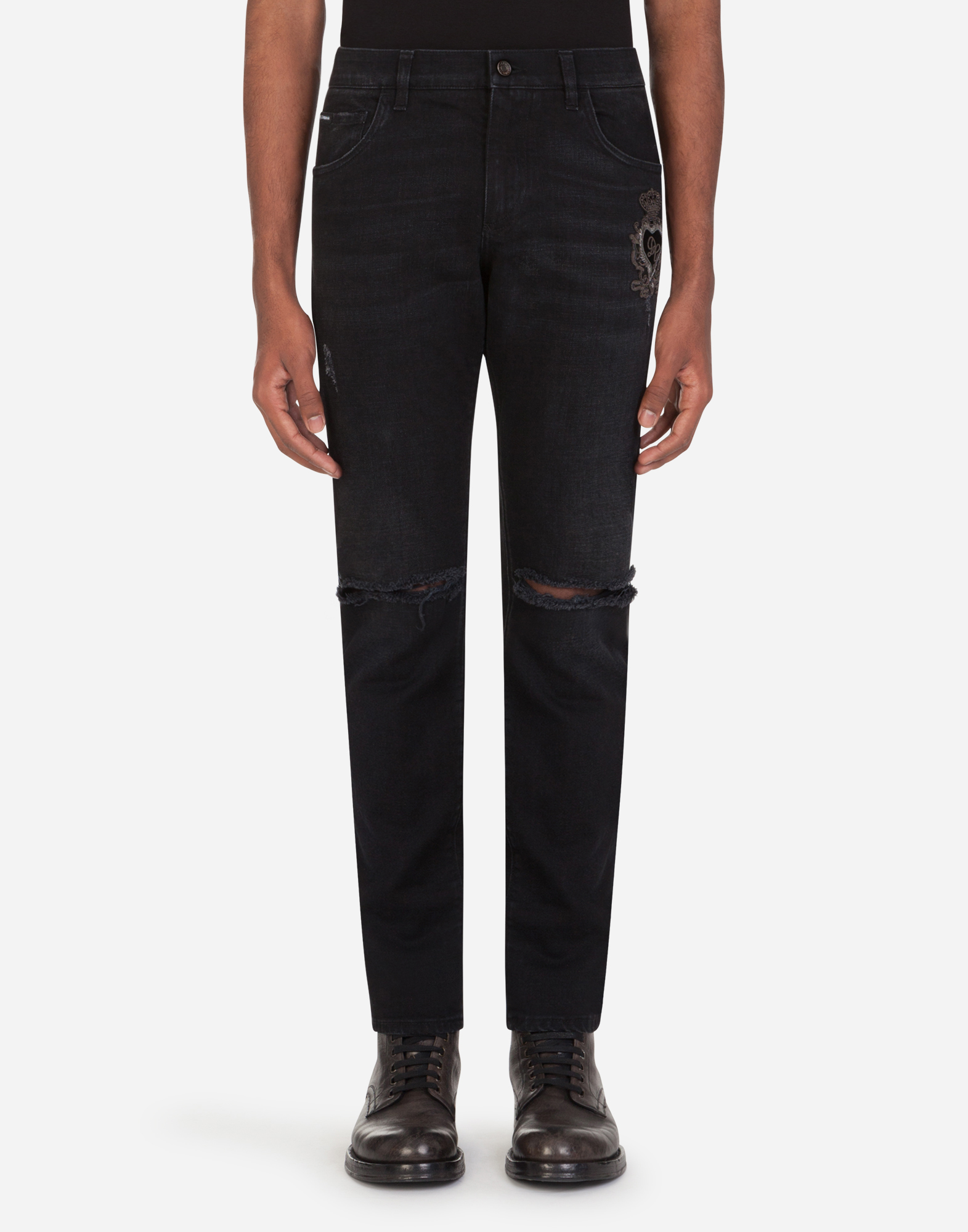 Washed black slim-fit stretch jeans with patch detailing in black