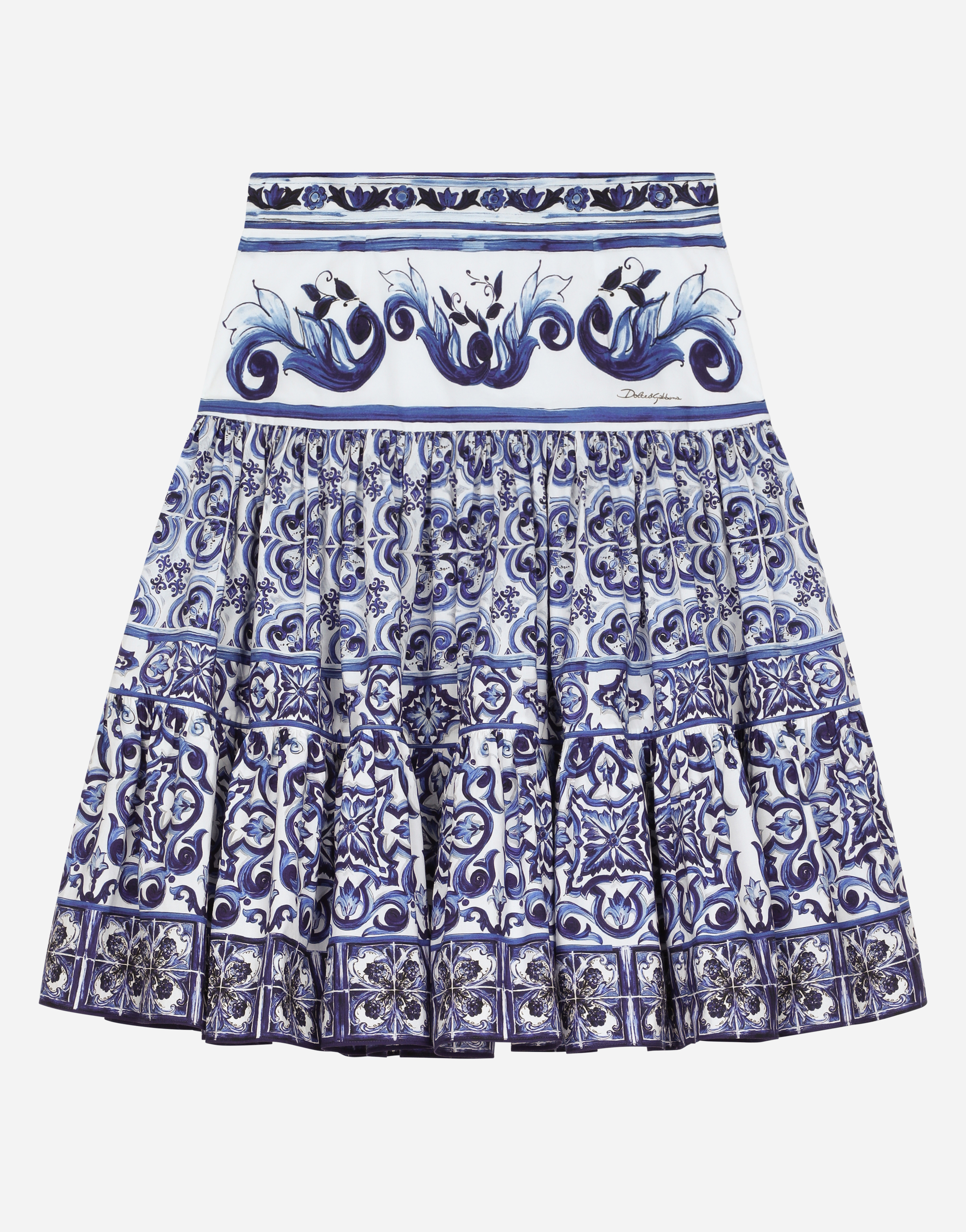 Long majolica-print poplin skirt in Multicolor