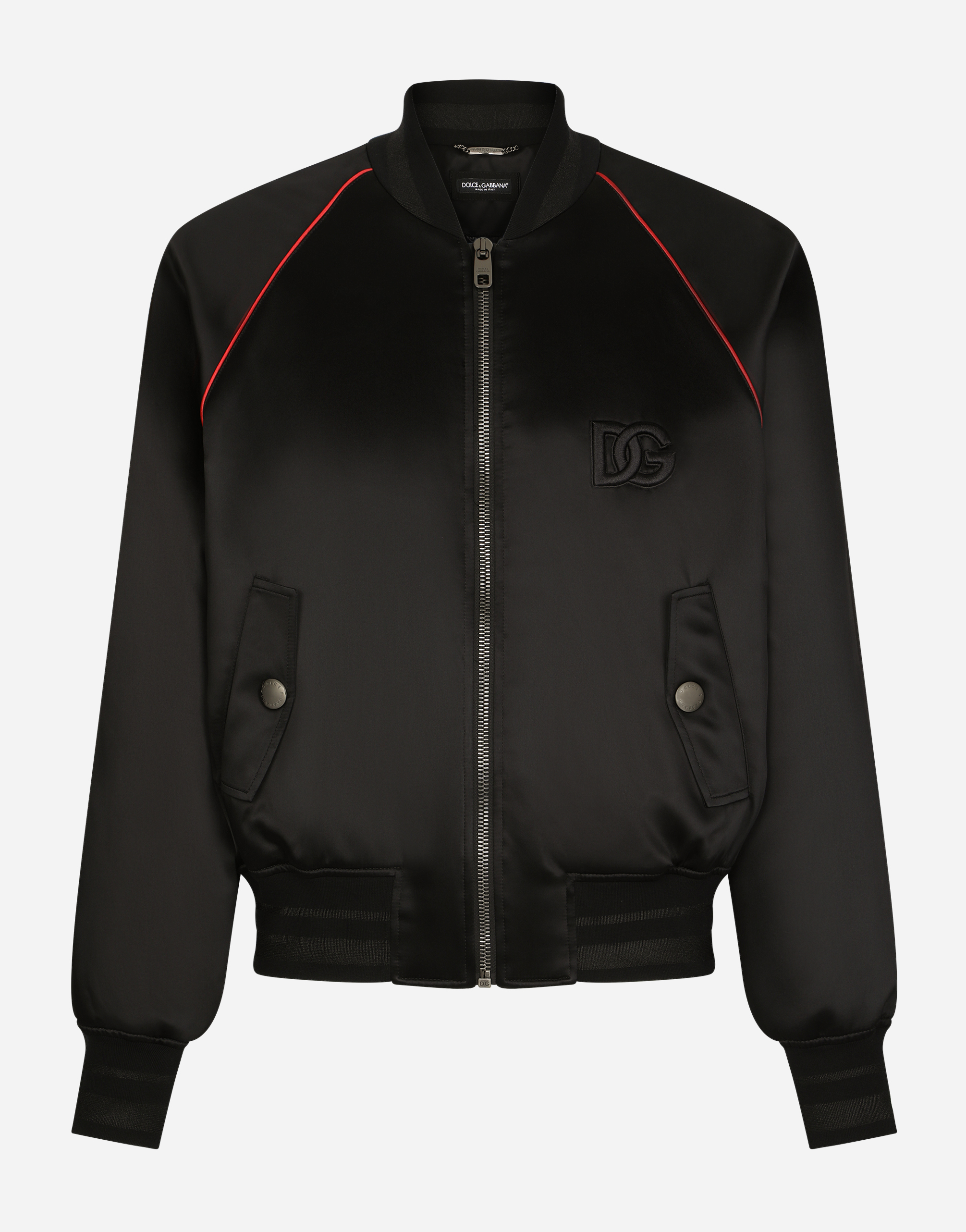 Dolce & Gabbana Satin Jacket With Embroidered Dg Patch In Black