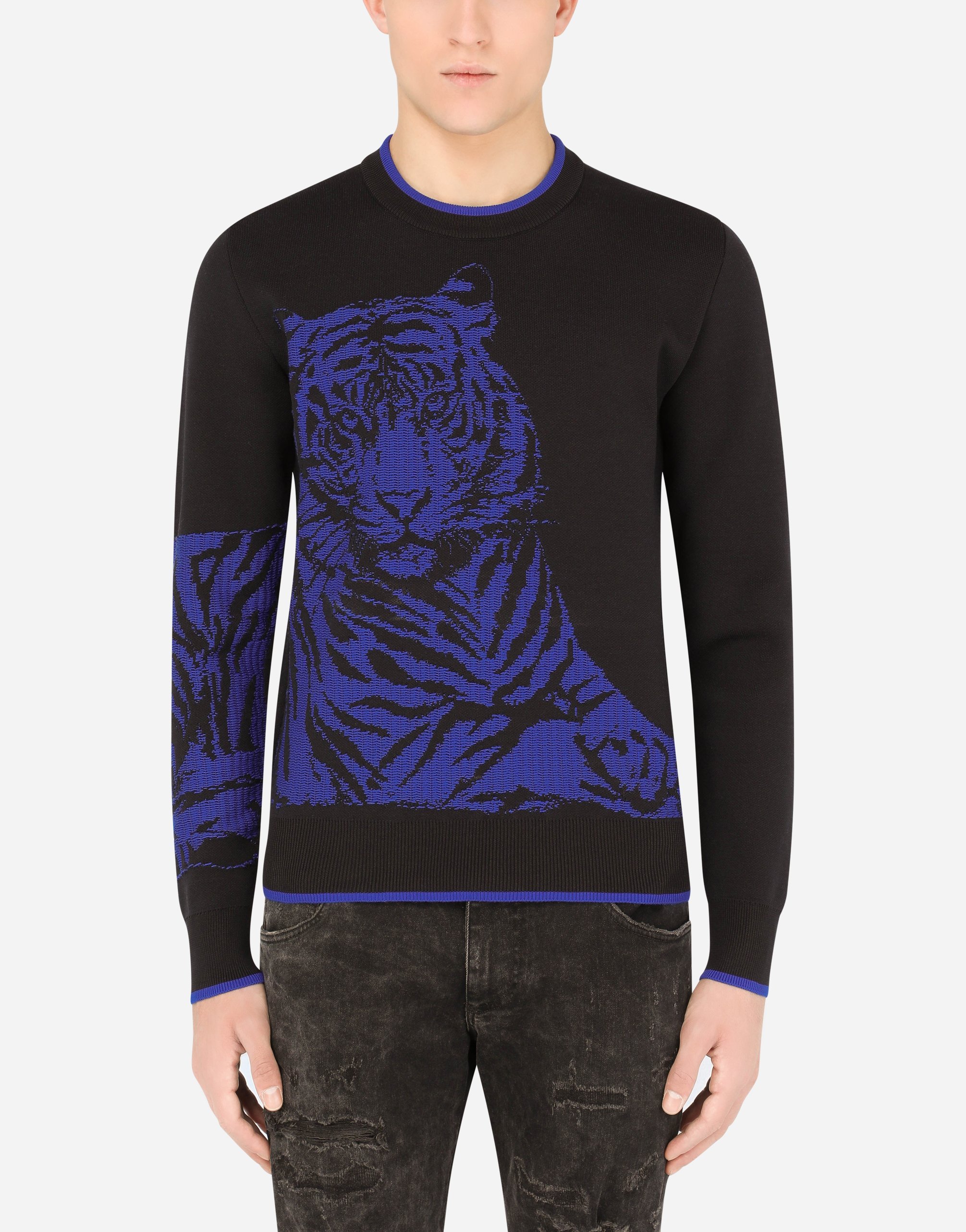 Round-neck tiger-design jacquard sweater in Multicolor