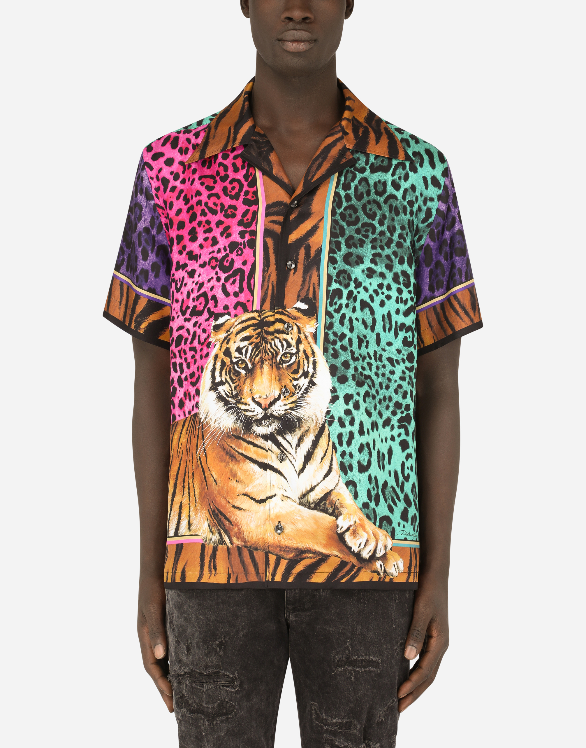 Tiger-print silk Hawaiian shirt in Multicolor