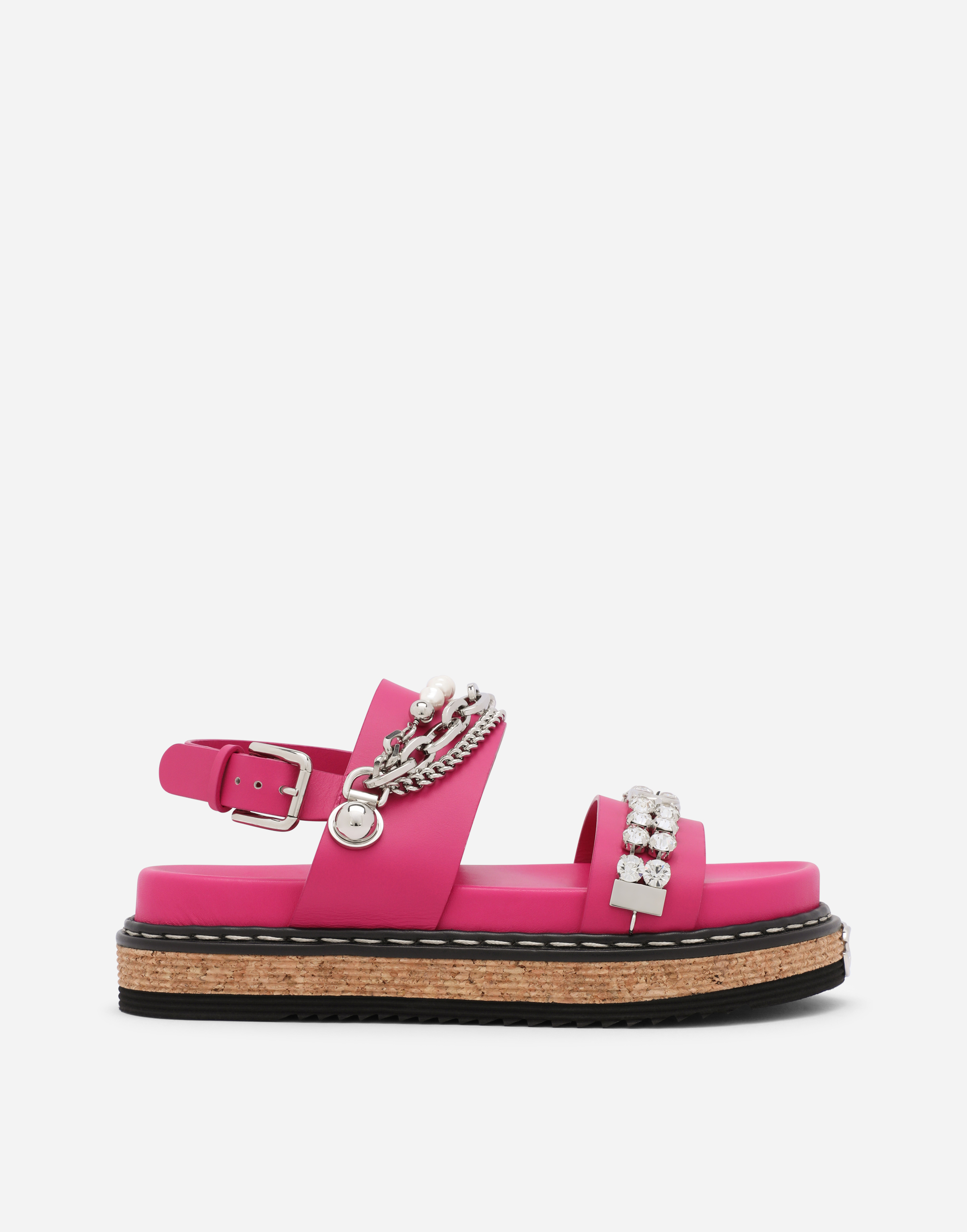 Calfskin sandals with embroidery in Fuchsia