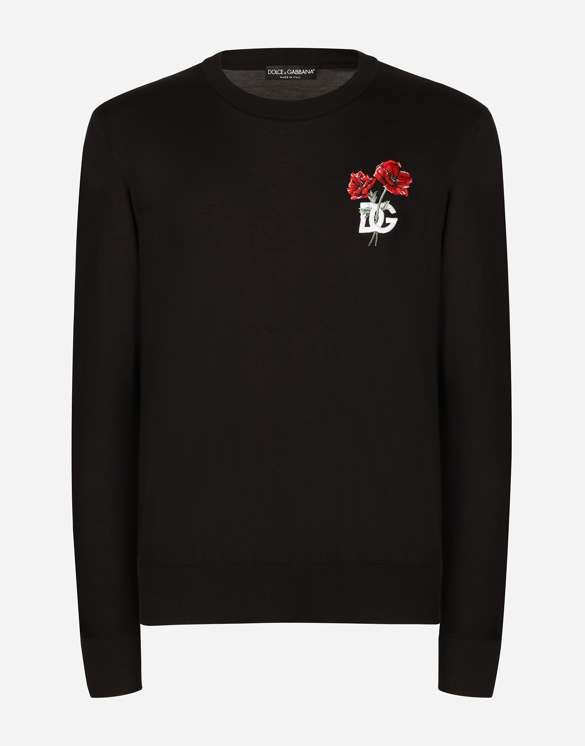 Round-neck wool sweater with DG embroidery in Black