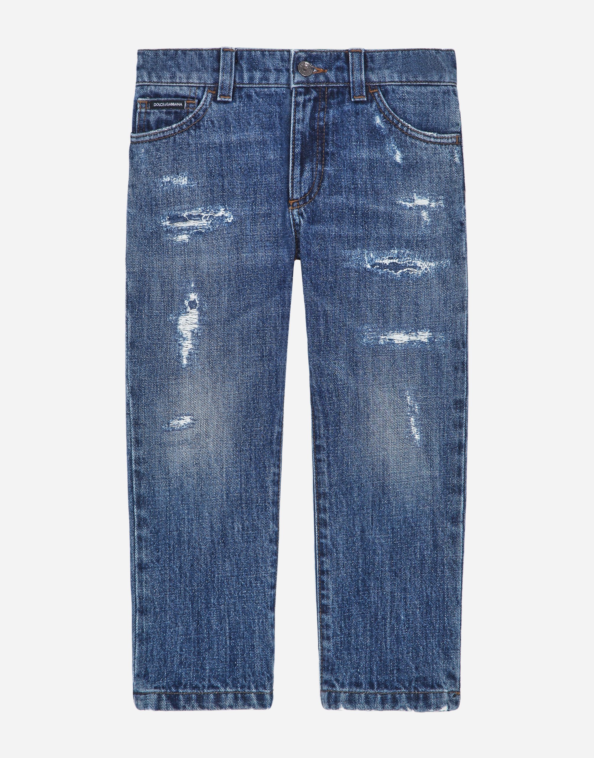 Petrol blue regular-fit stretch jeans with abrasions in Blue