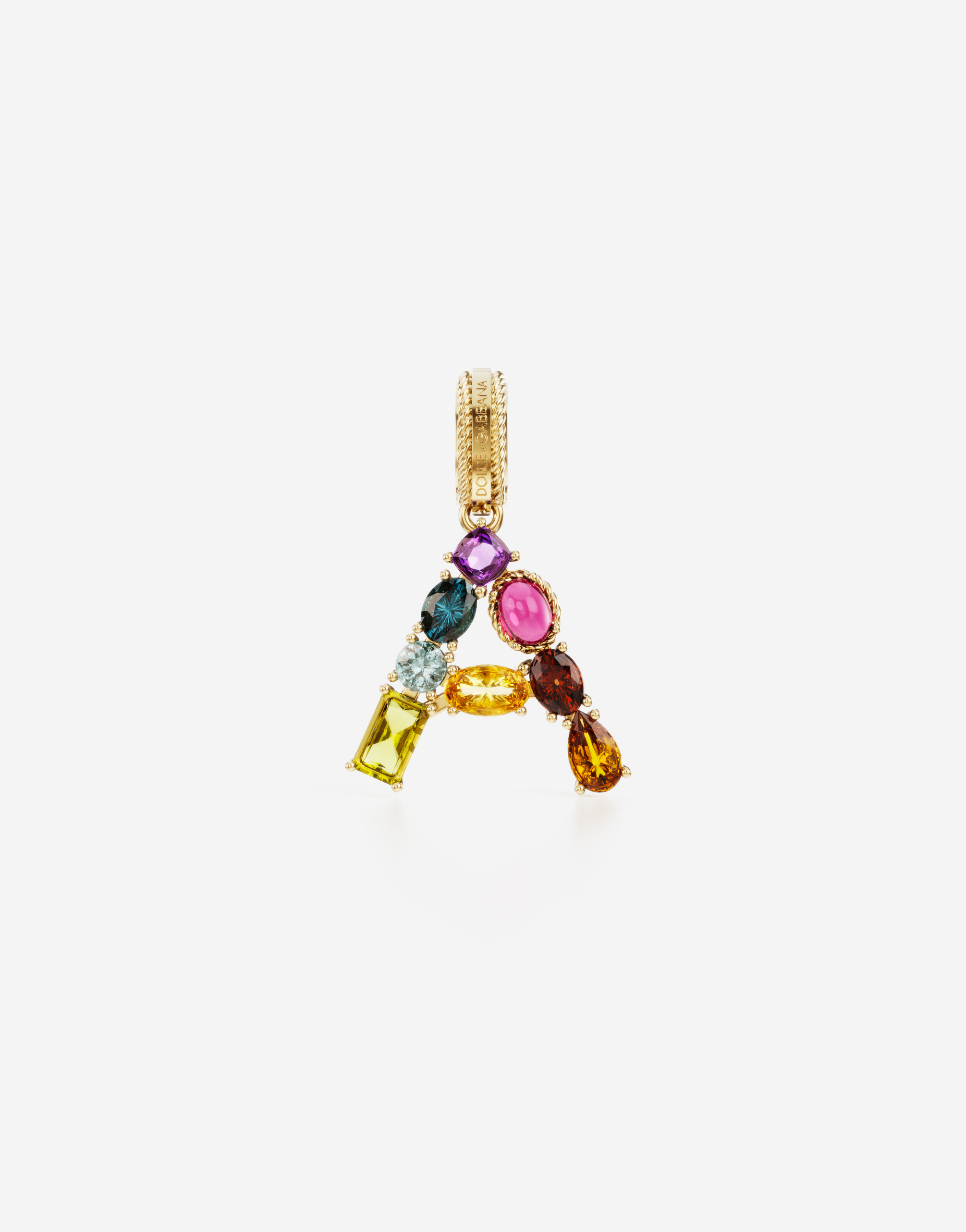 Rainbow alphabet A 18 kt yellow gold charm with multicolor fine gems in Gold