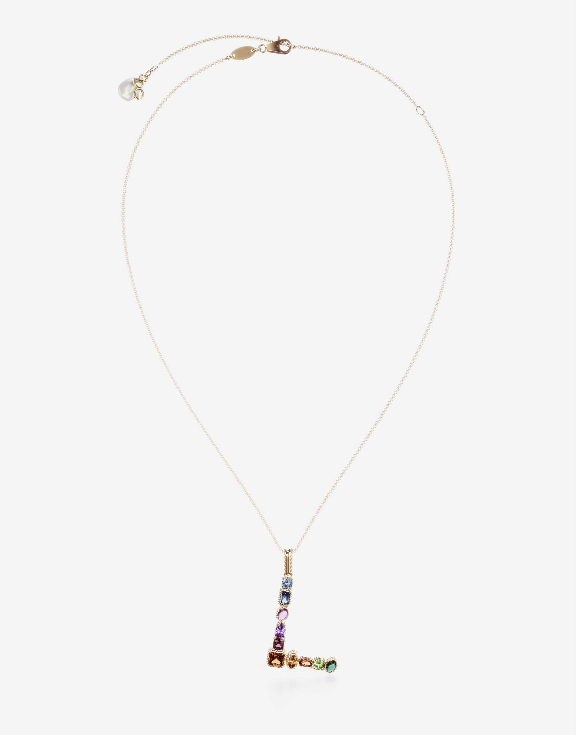 Rainbow alphabet L pendant in yellow gold with multicolor fine gems in Gold