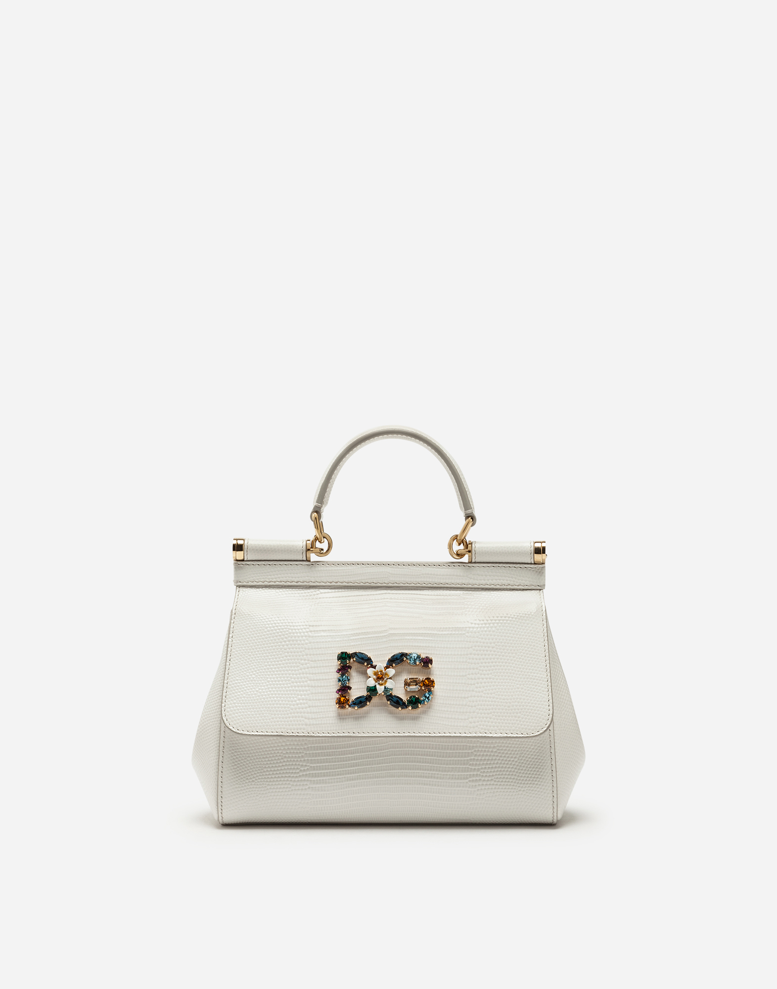 Small Sicily handbag in iguana print calfskin with DG logo crystals in White