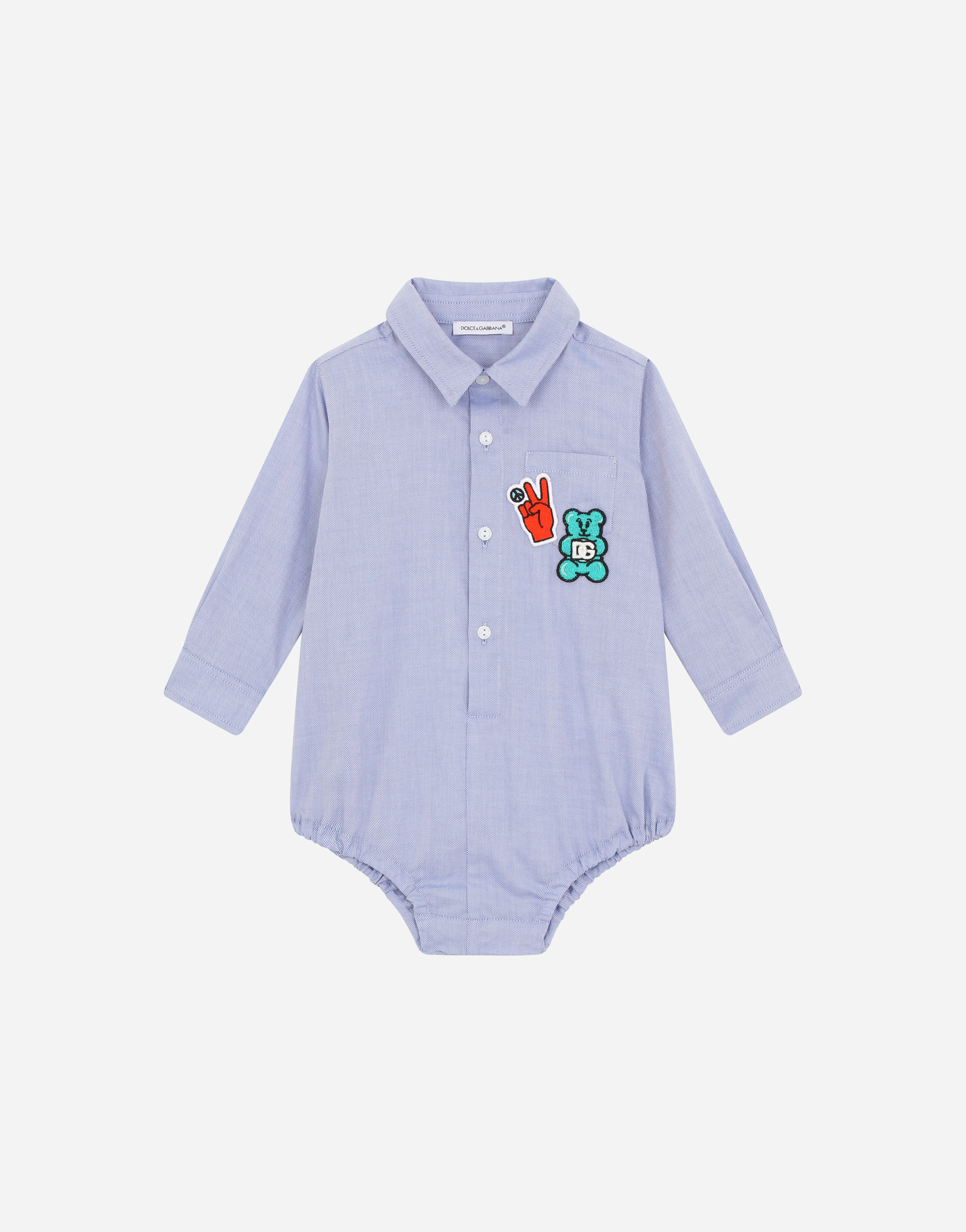 Cotton Oxford babygrow with teddy-bear patch in Azure