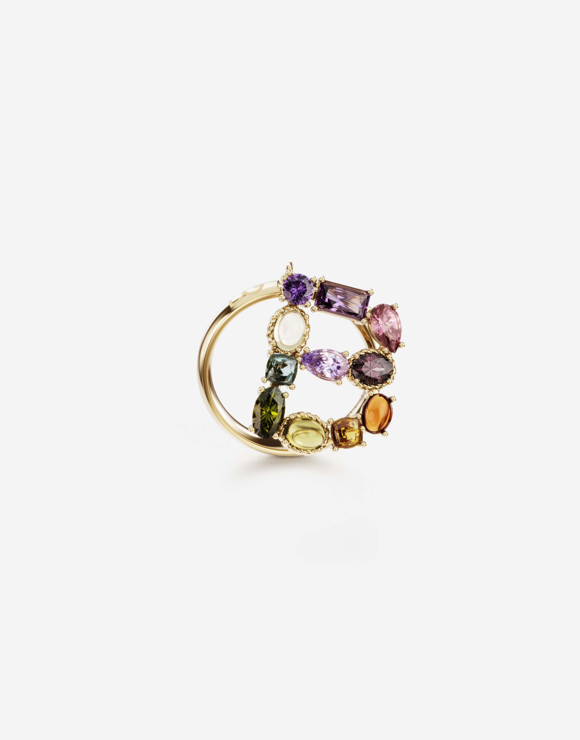 Rainbow alphabet B ring in yellow gold with multicolor fine gems in Gold
