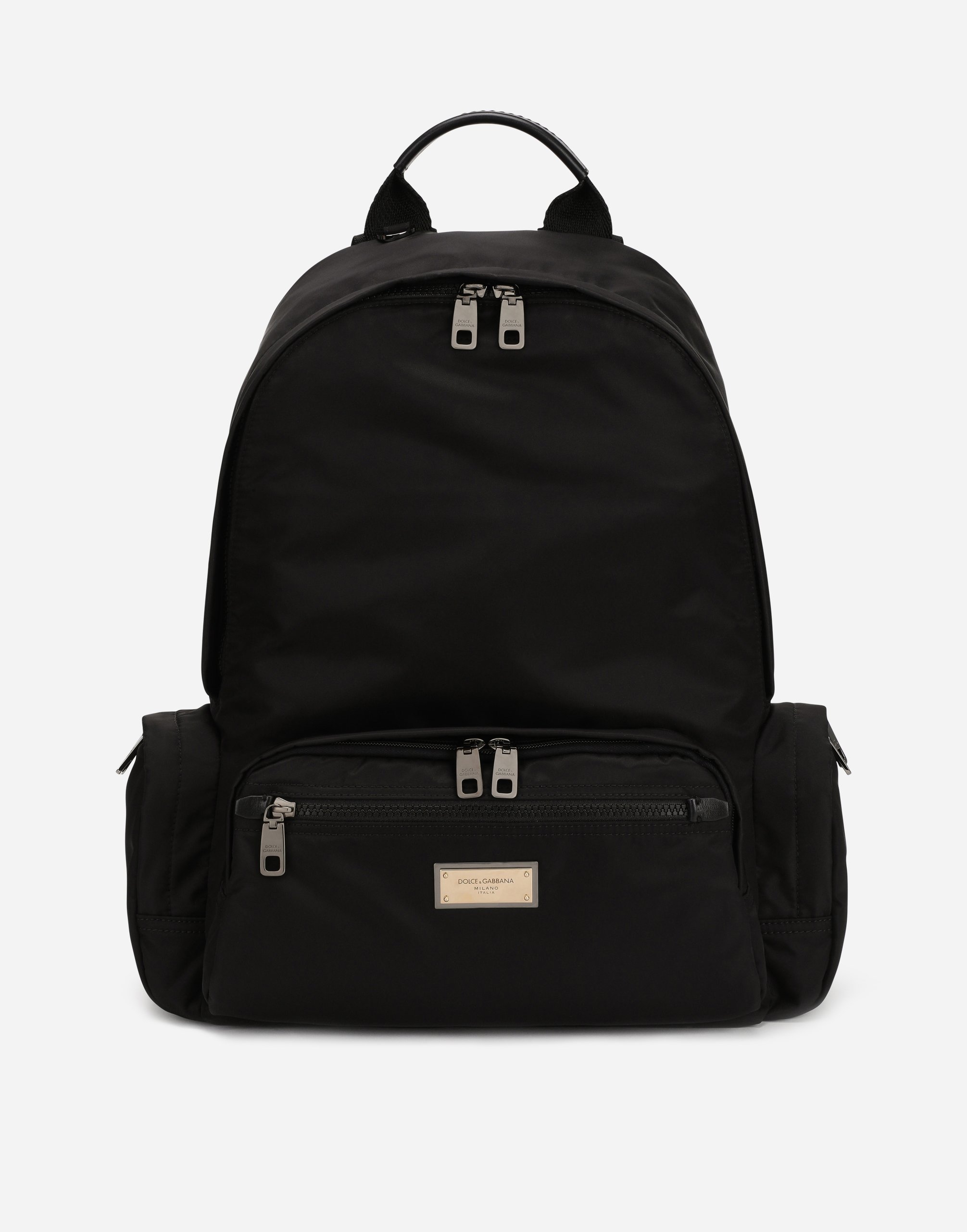 Nylon backpack with branded plate in Black