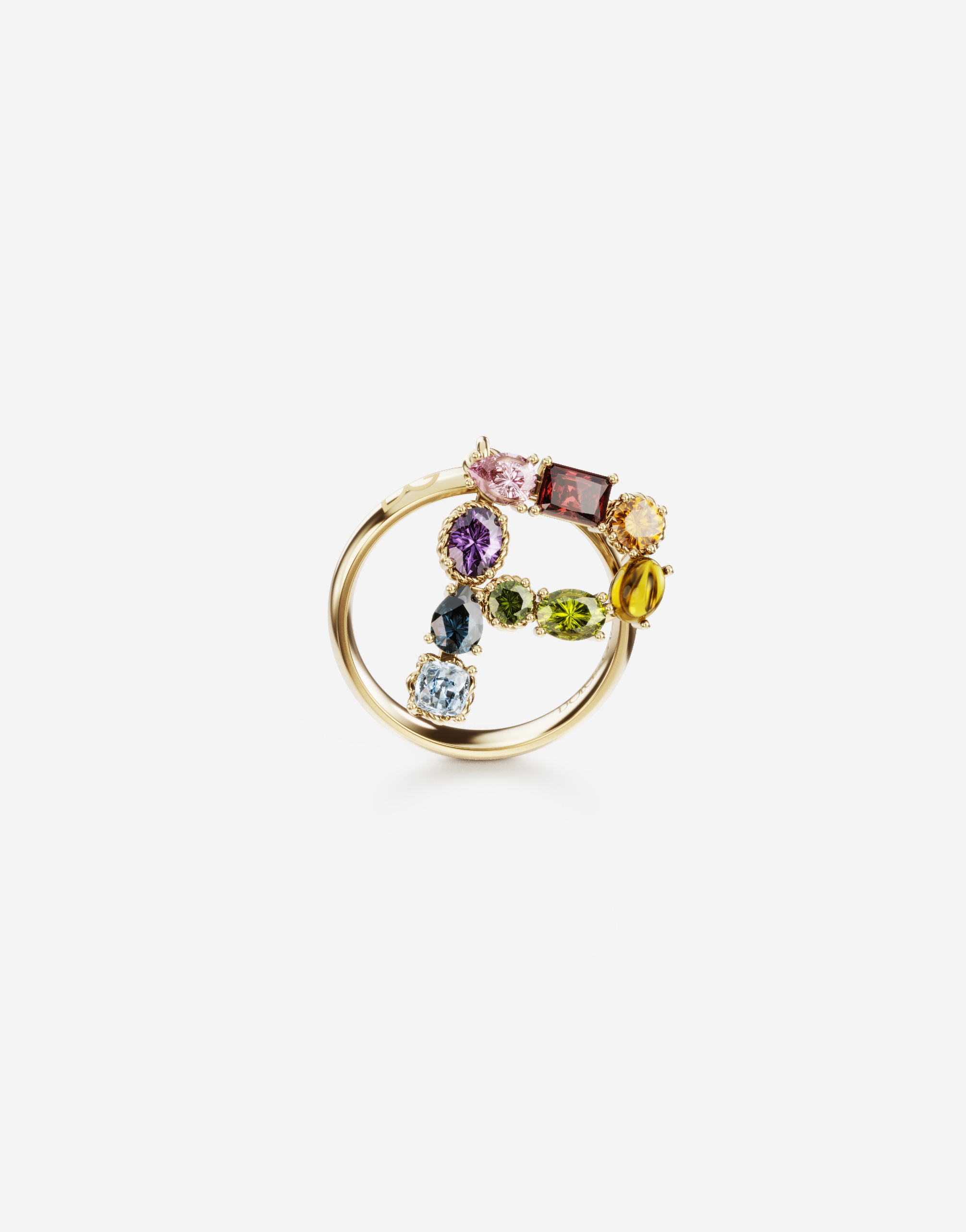 Rainbow alphabet P ring in yellow gold with multicolor fine gems in Gold