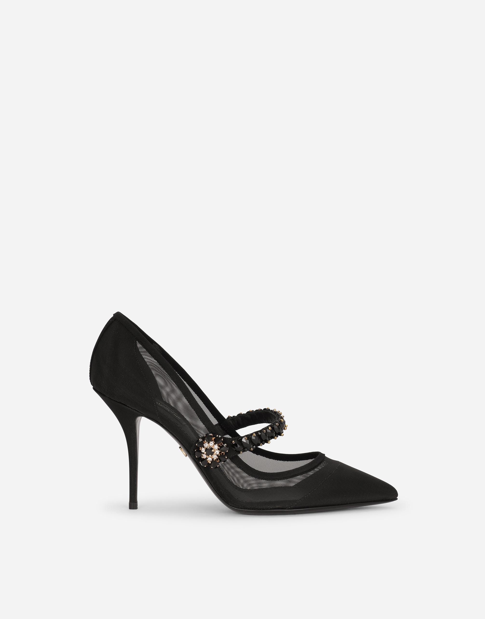 Mesh pumps with bejeweled appliqué in Black