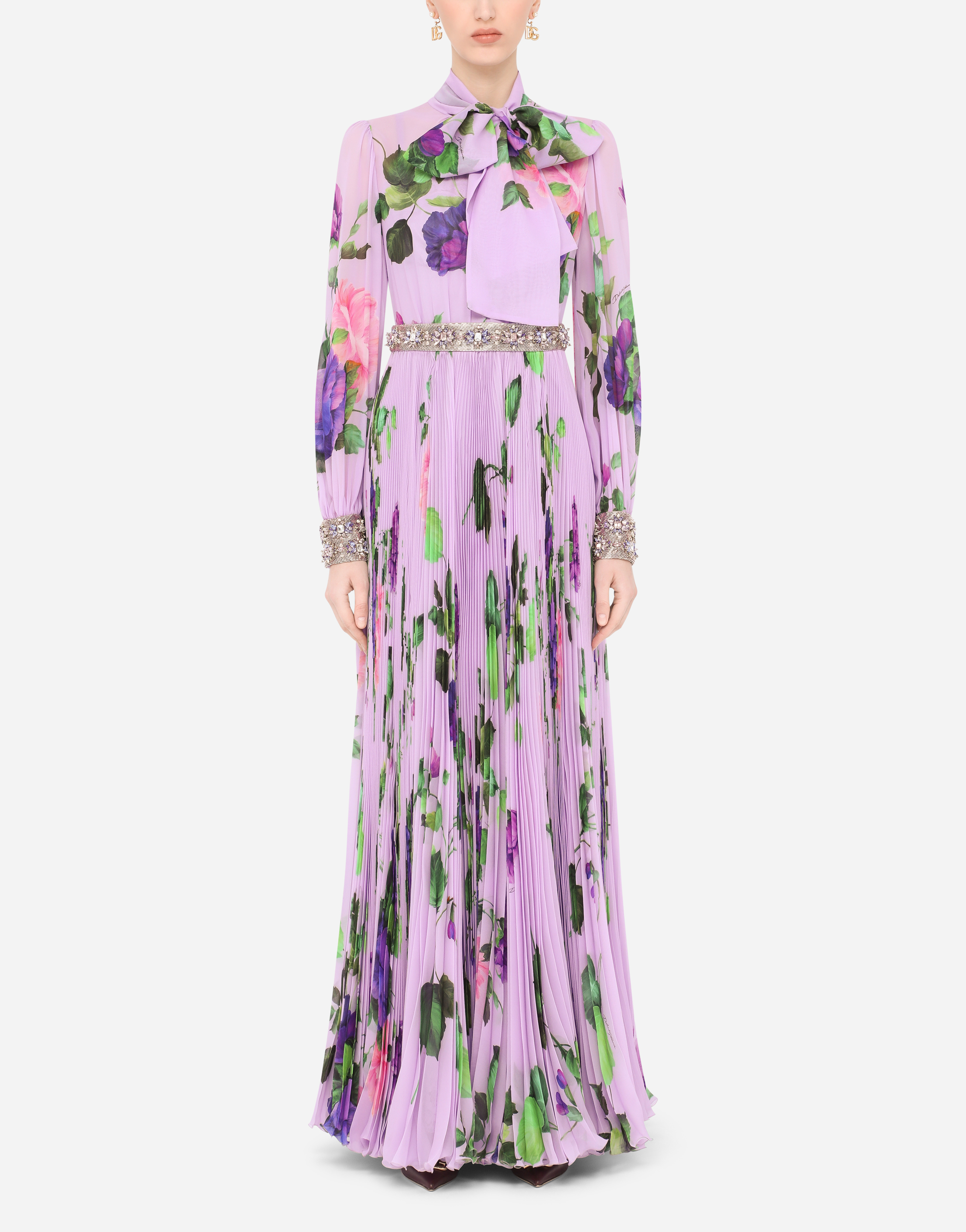 Long rose-print georgette dress with tie detail in Multicolor
