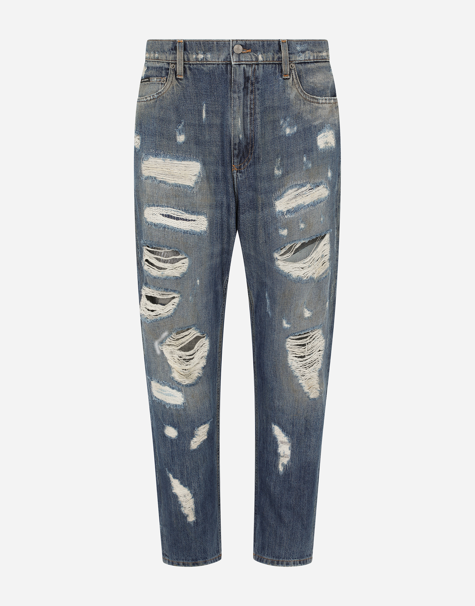 Loose blue wash jeans with rips in Multicolor