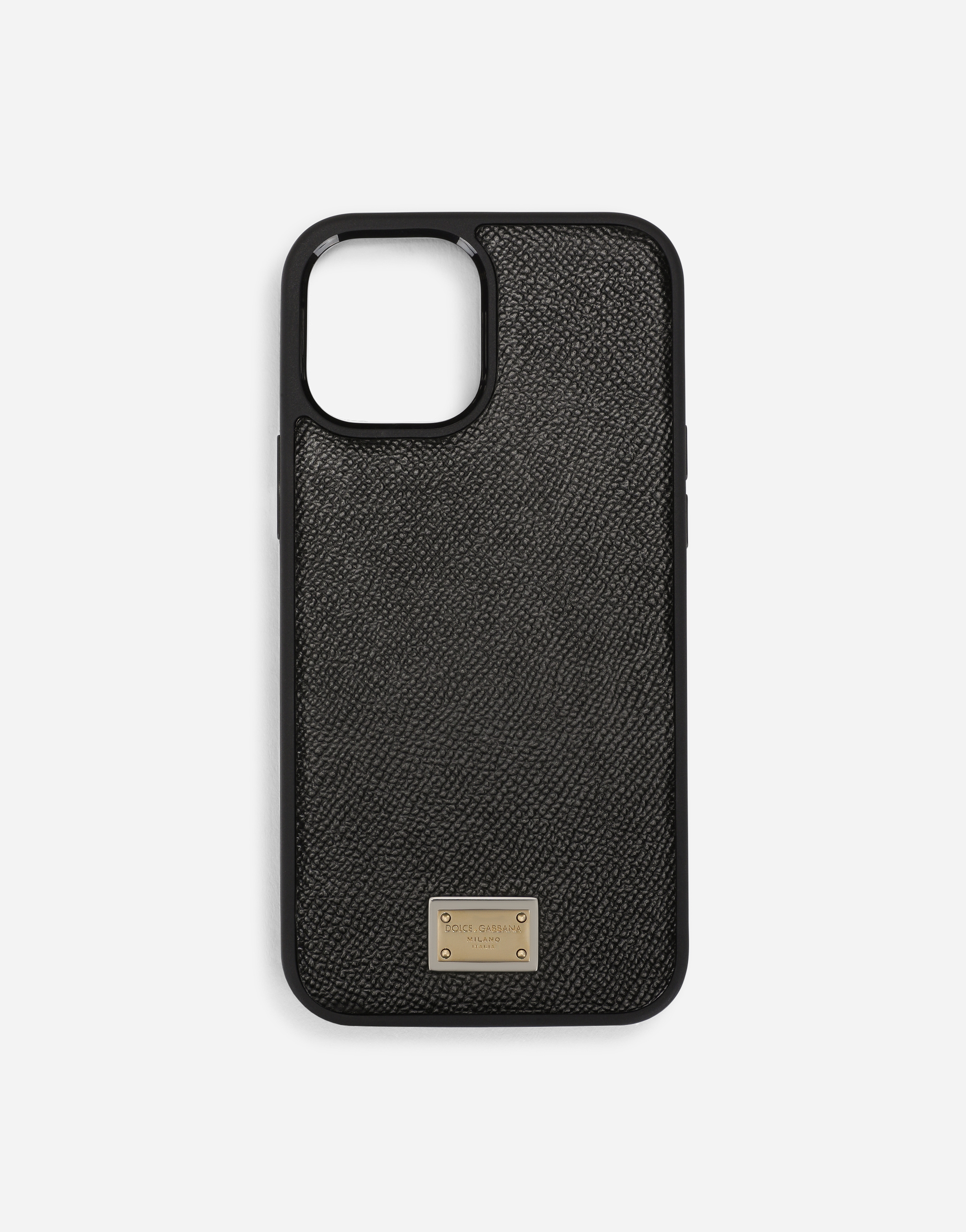 Dauphine calfskin iPhone 12 Pro Max cover with plate in Black