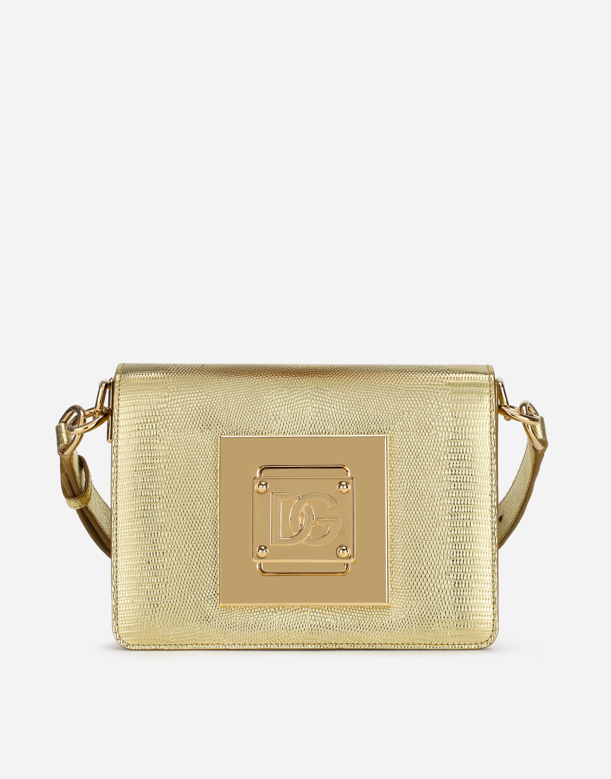 Medium shoulder bag in foiled iguana-print calfskin with DG fastening in Gold