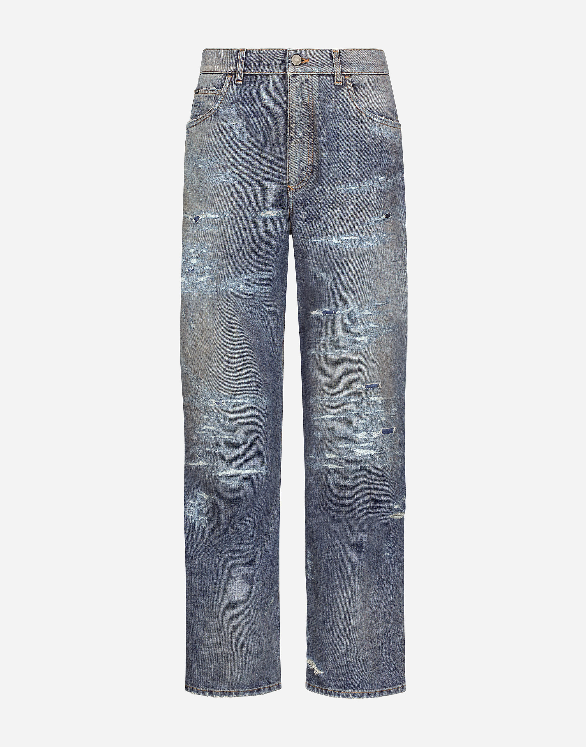 Oversize mid blue wash jeans with abrasions in Multicolor