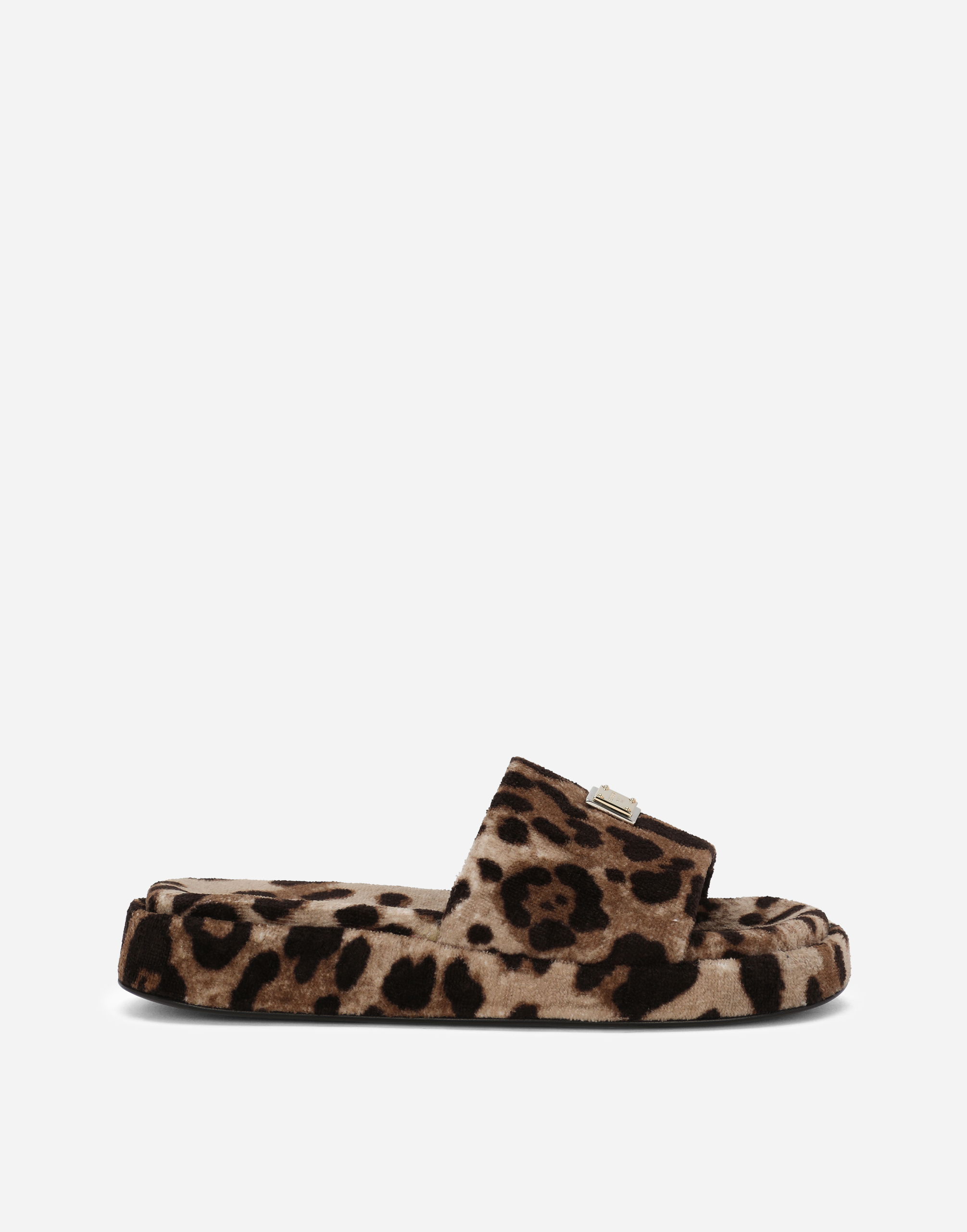 Dolce & Gabbana Leopard-print Terrycloth Sliders With Tag With Two Plating Finishes In Animal Print