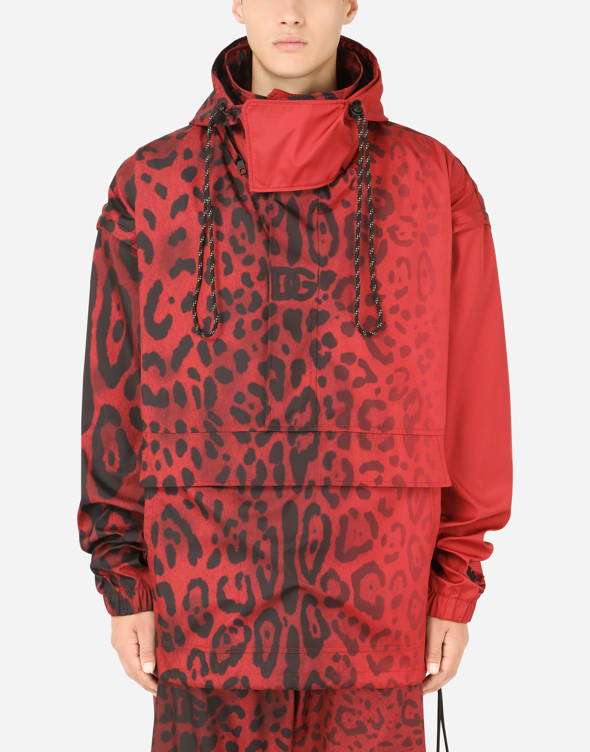 Hooded nylon jacket with leopard print in Multicolor