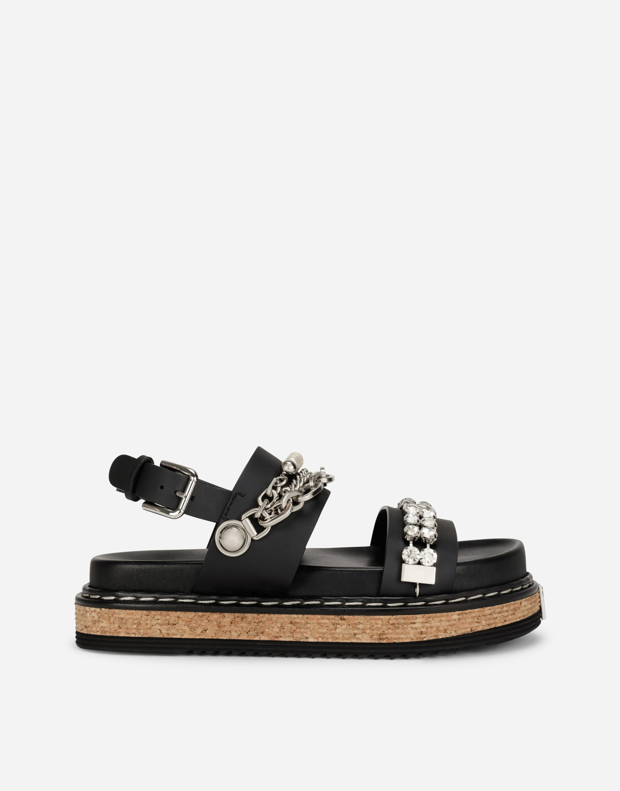 Calfskin sandals with embroidery in Black