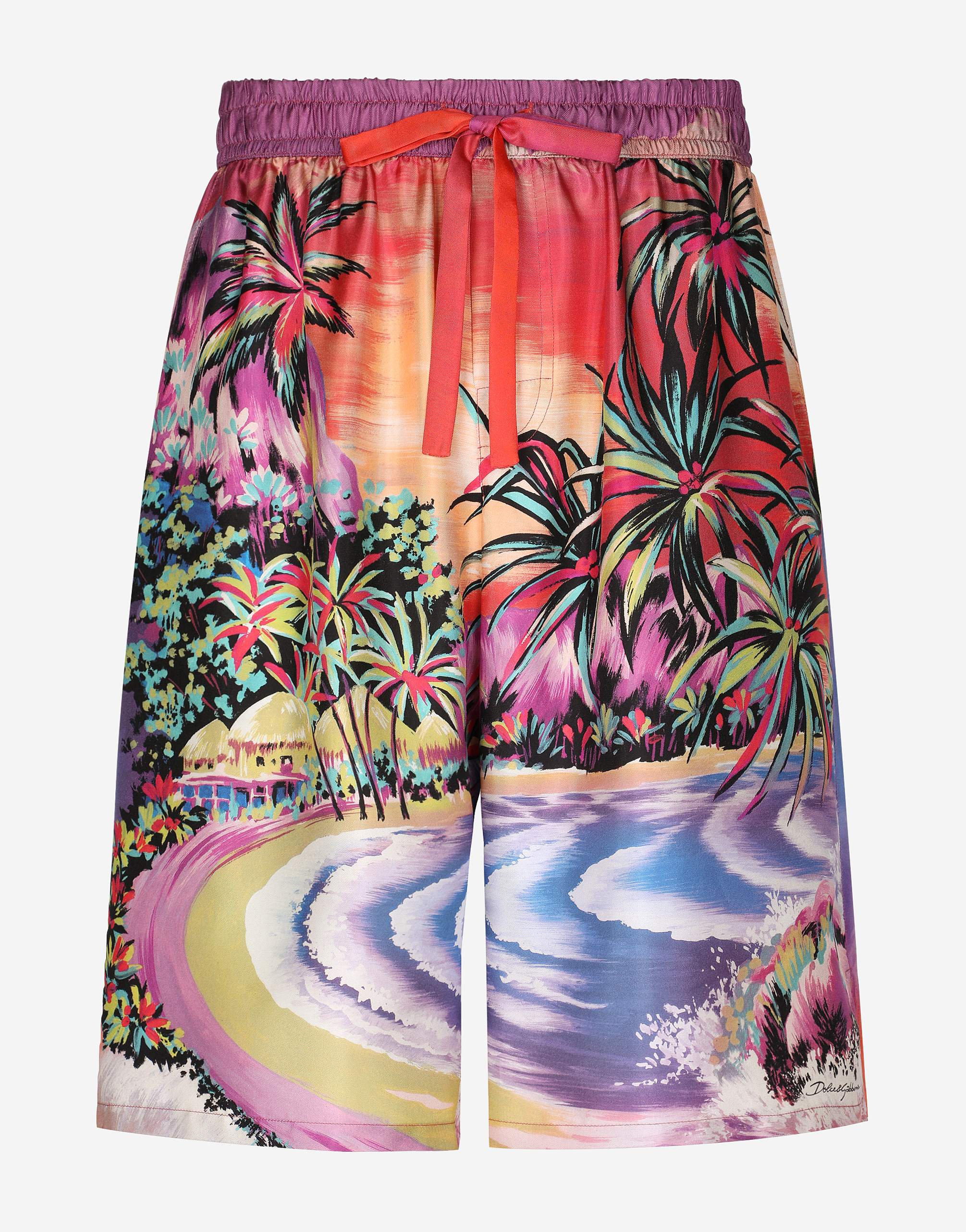 Silk twill jogging shorts with Hawaiian print in Multicolor