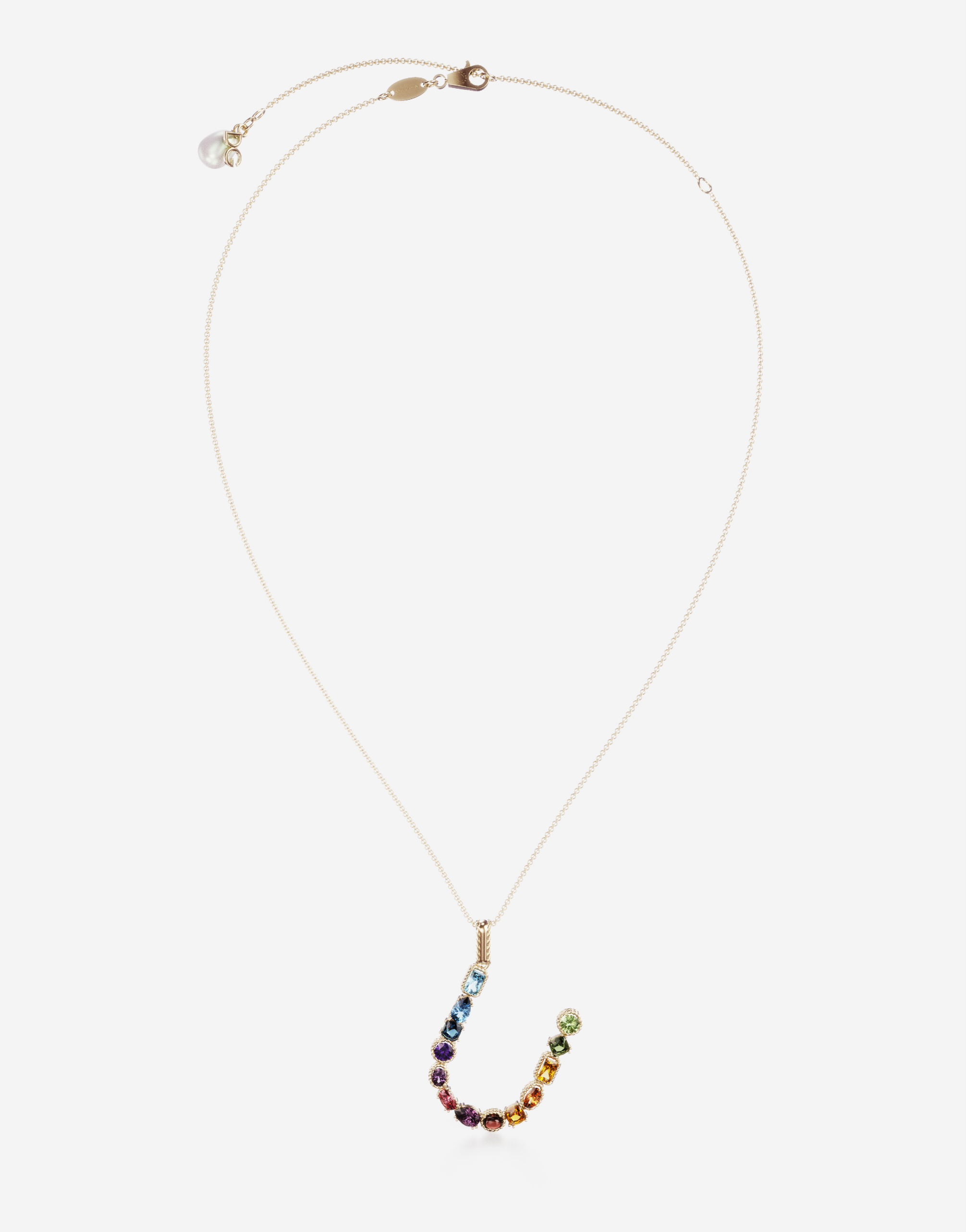 Rainbow alphabet U pendant in yellow gold with multicolor fine gems in Gold