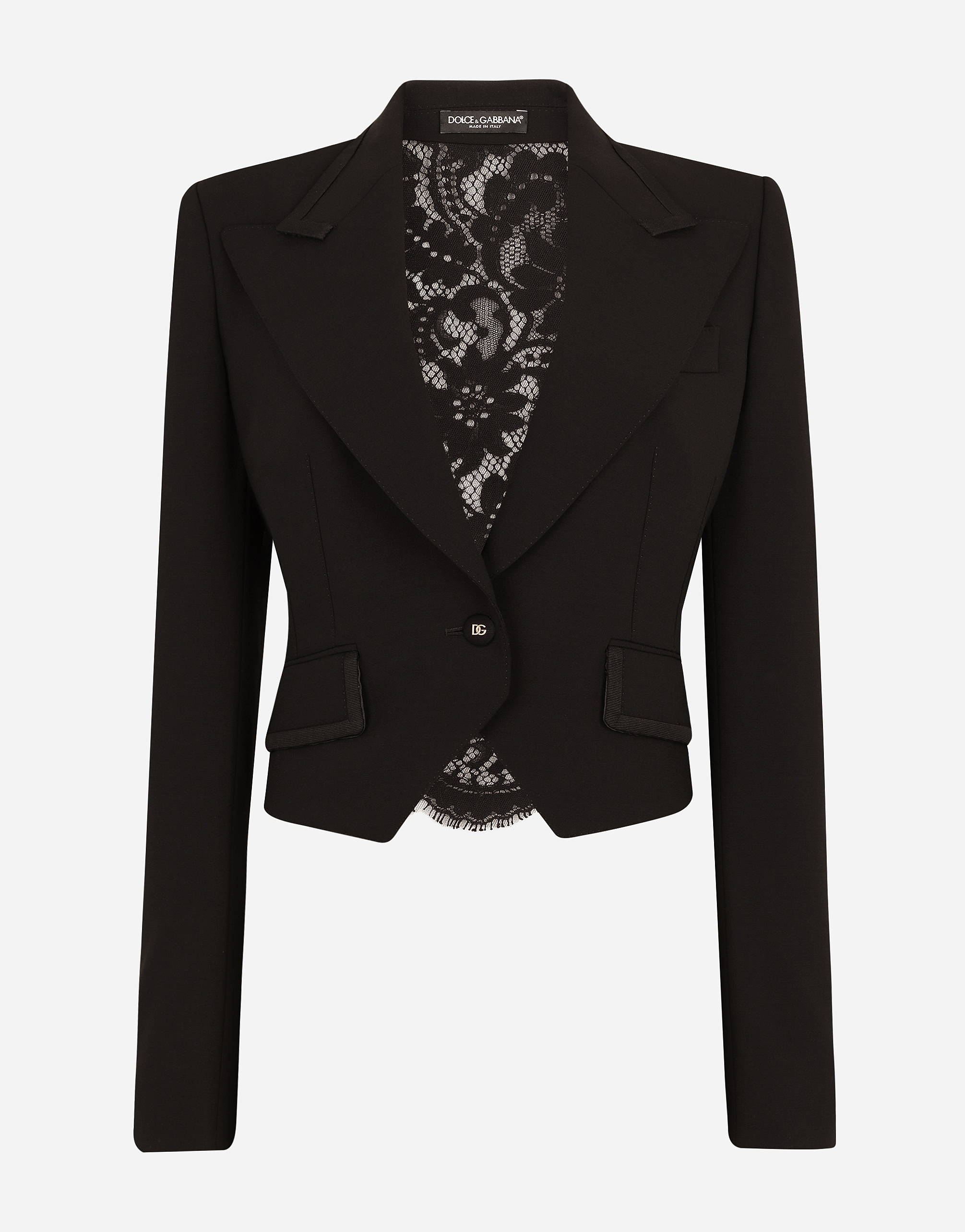 Short wool and cordonetto lace jacket in Black