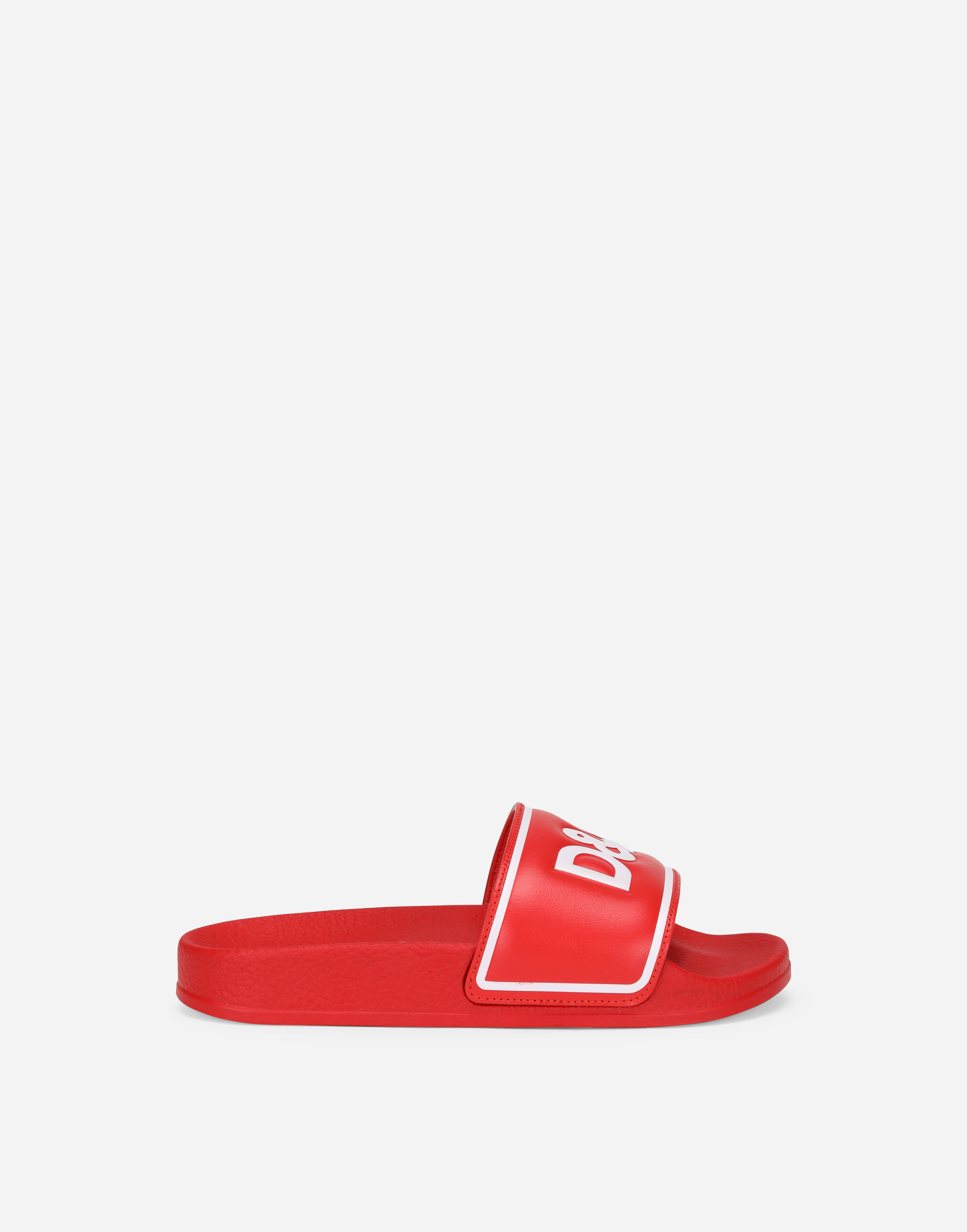 Rubber and calfskin sliders with logo print in Red