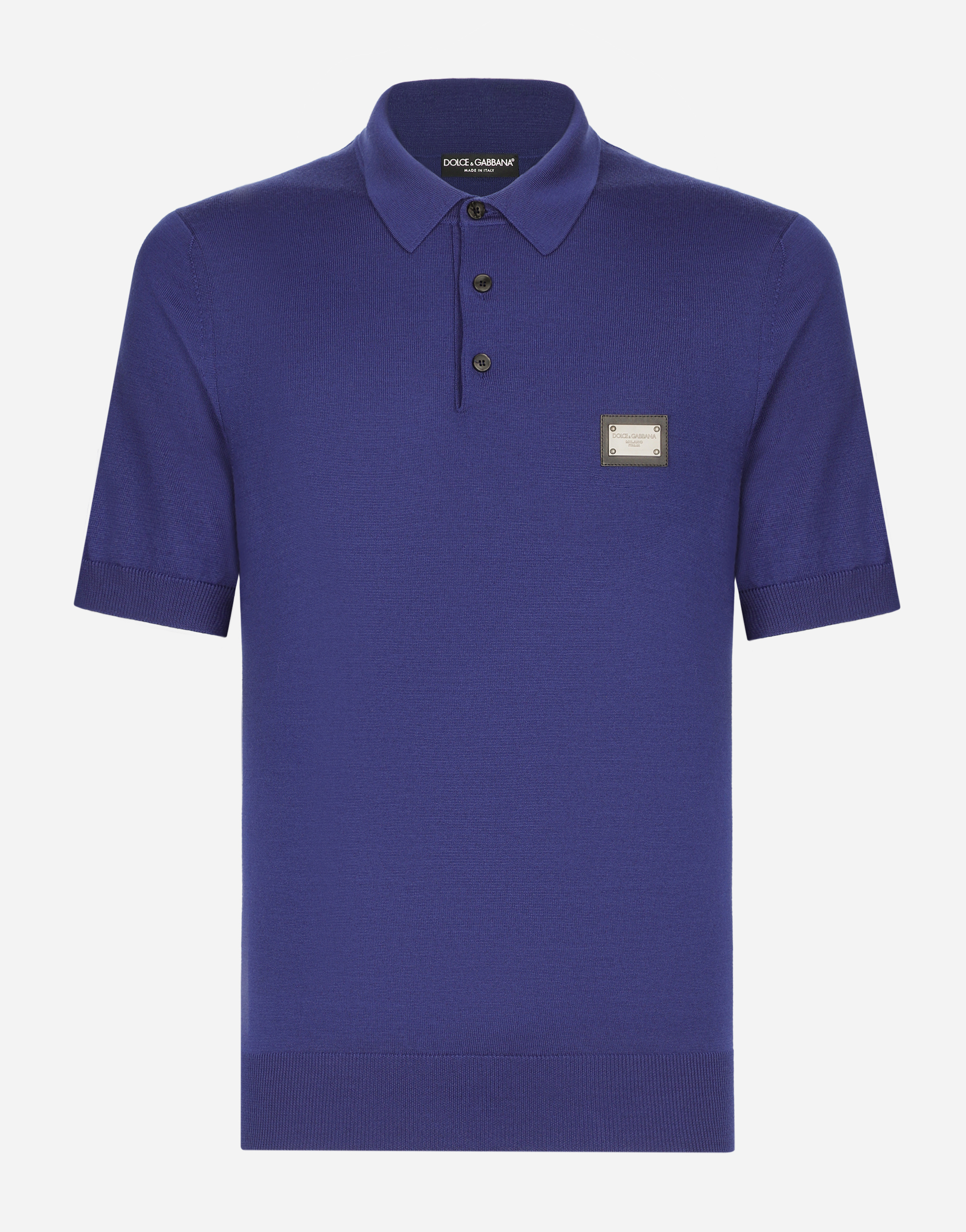 Wool polo-shirt with branded tag in Blue
