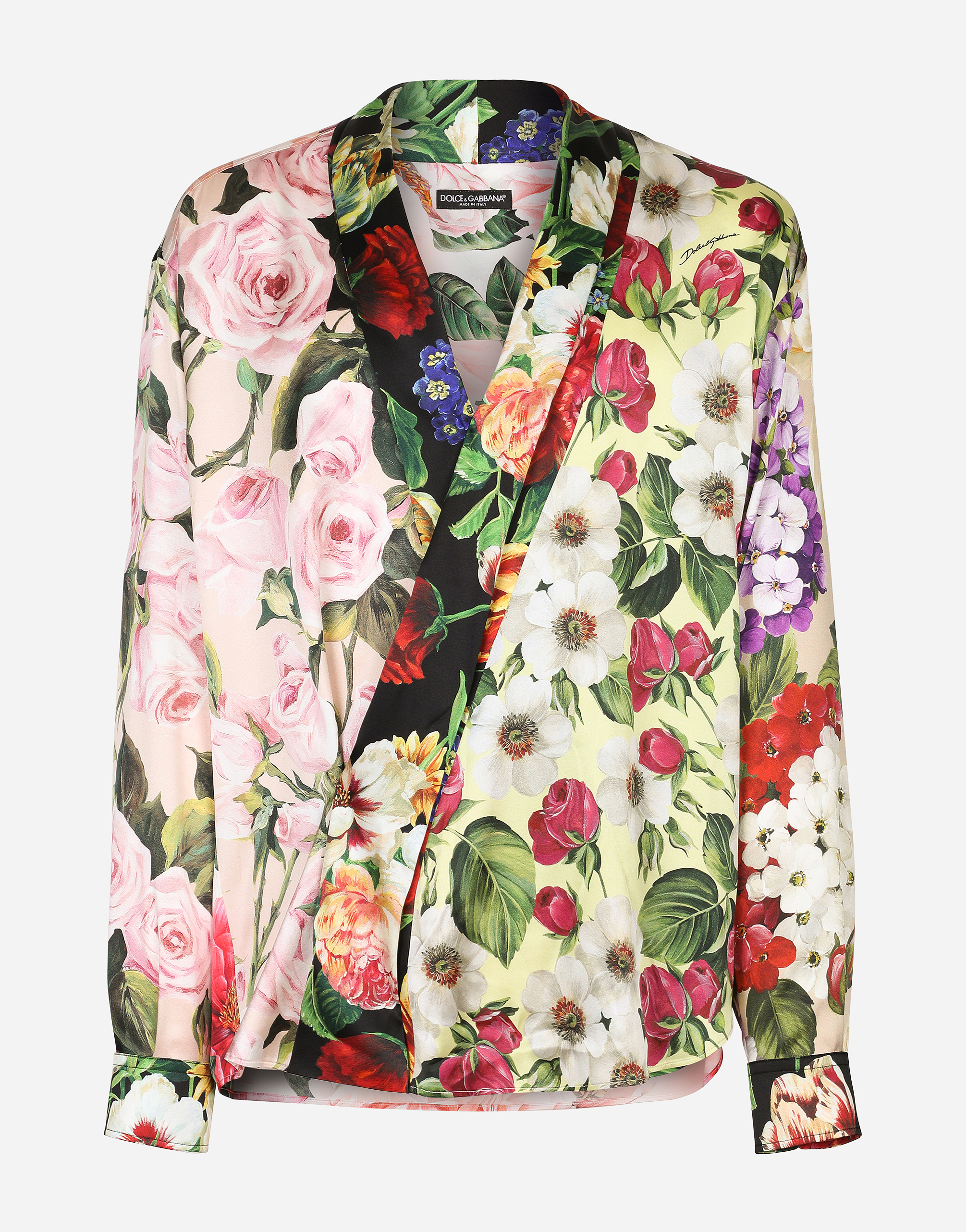 Oversize stretch silk shirt with floral print in Multicolor