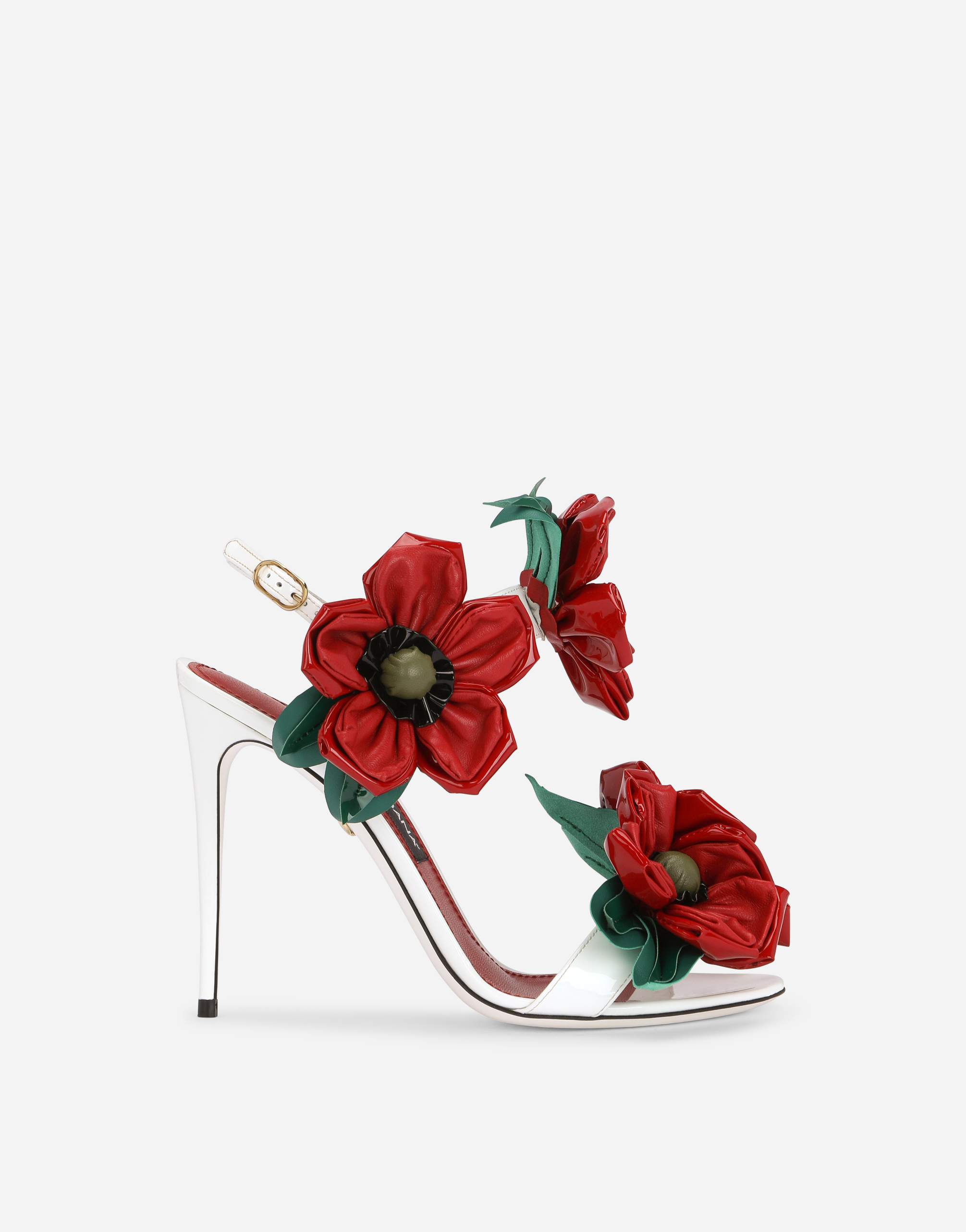 Patent leather sandals with floral embellishment in Multicolor