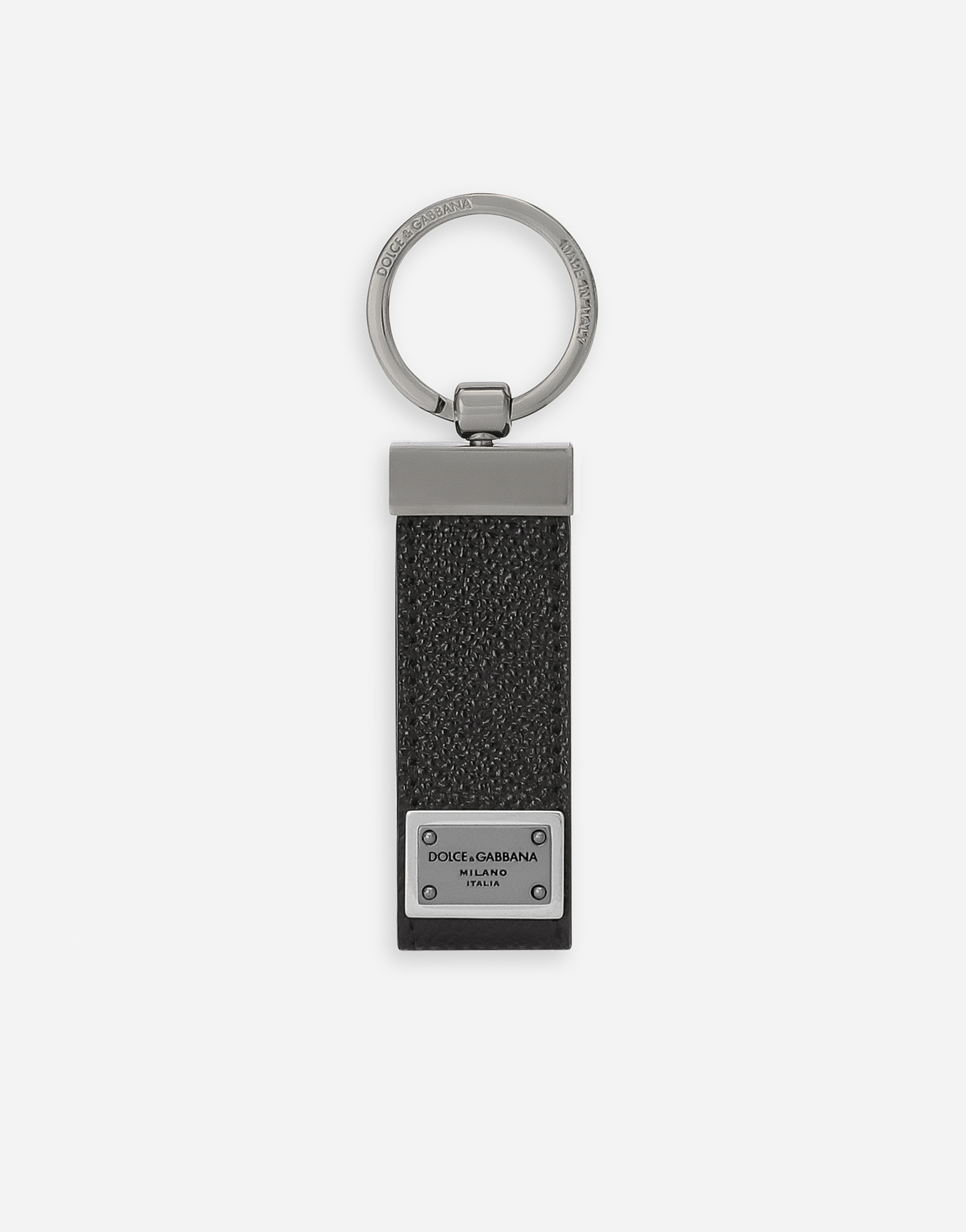 Calfskin key chain with logo tag in Black
