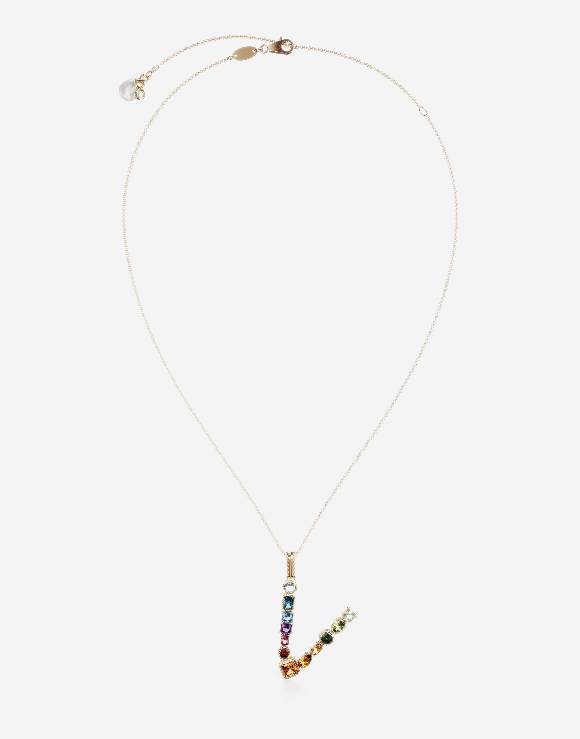 Rainbow alphabet V pendant in yellow gold with multicolor fine gems in Gold