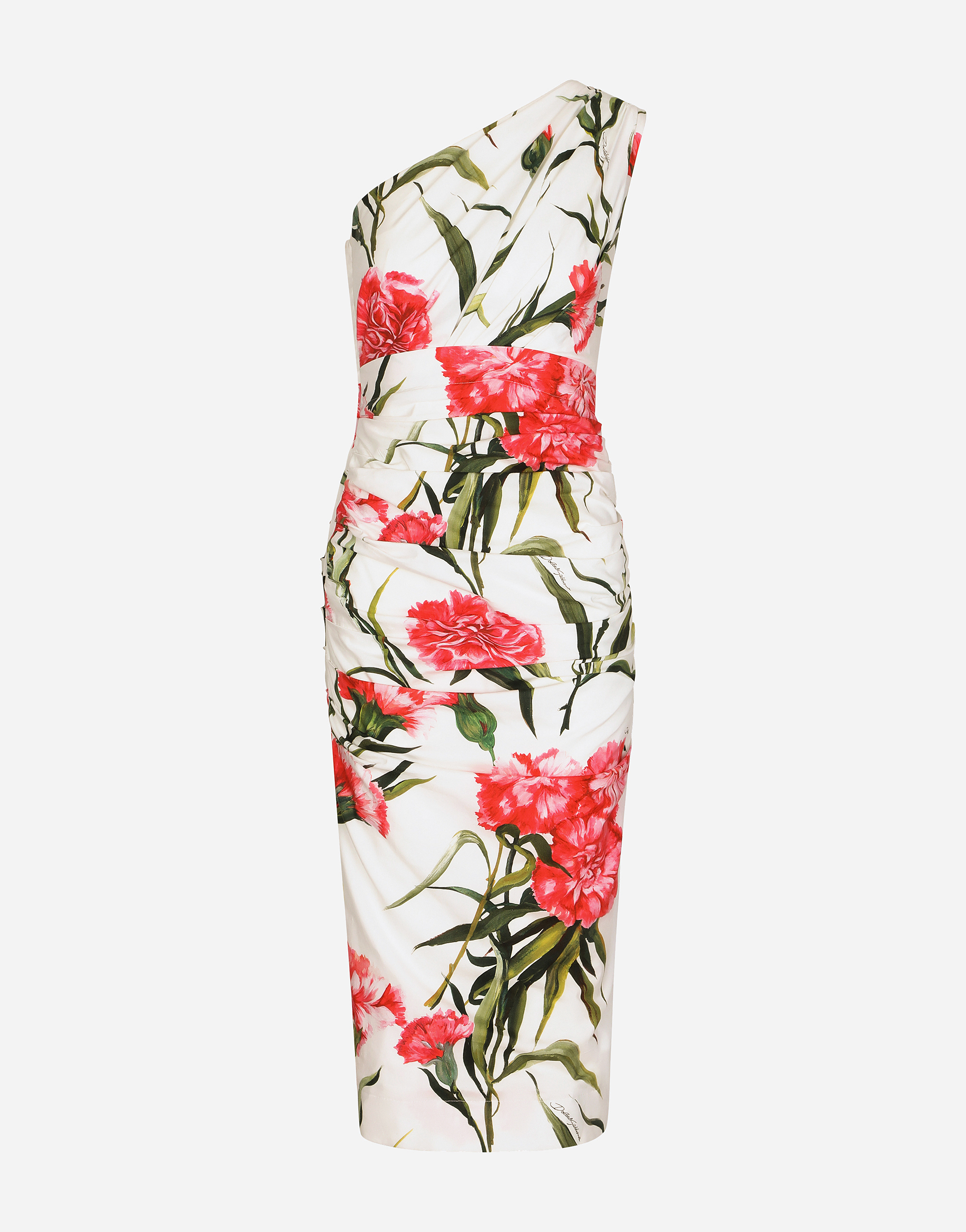Carnation-print poplin one-shoulder dress in Multicolor