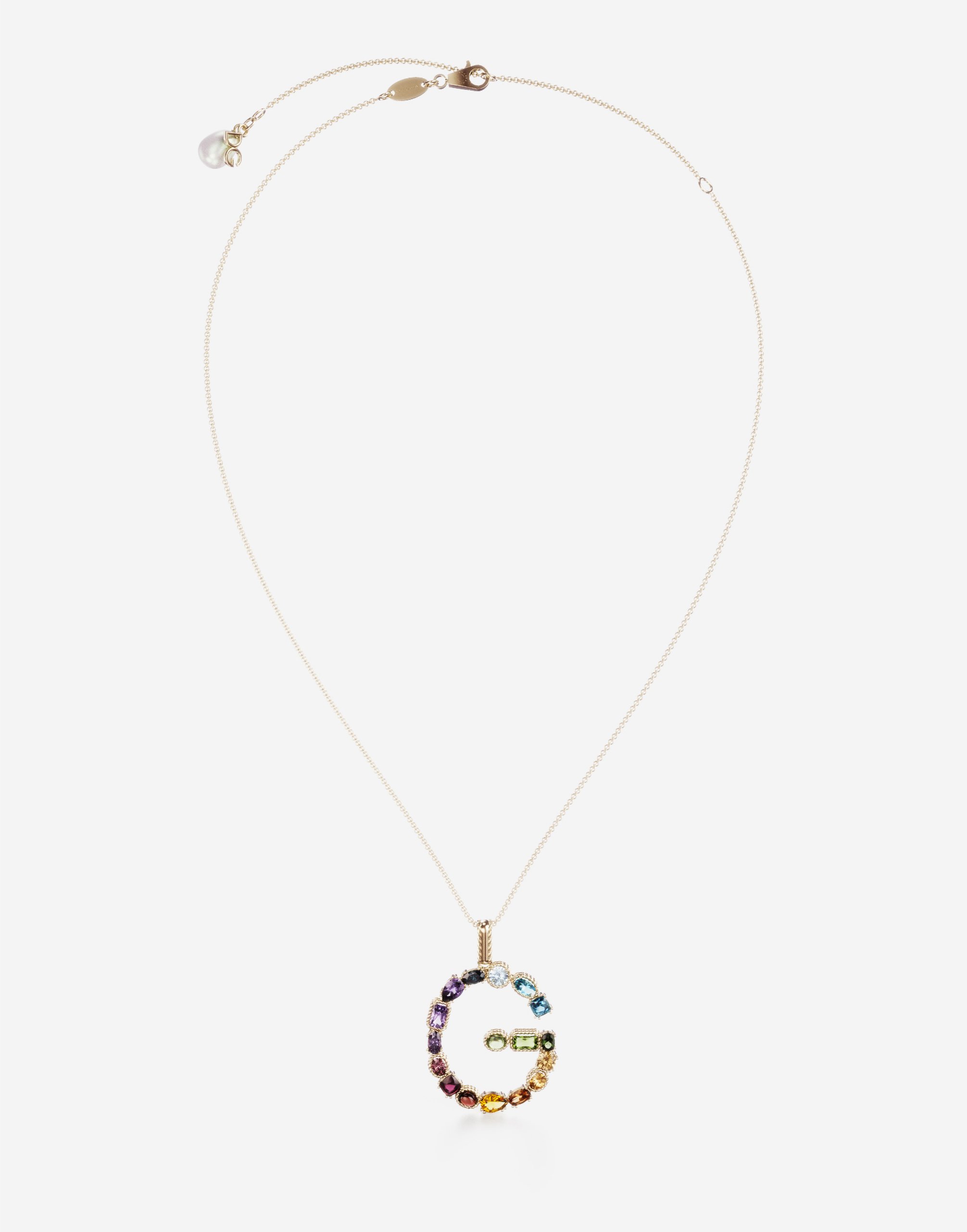 Rainbow alphabet G pendant in yellow gold with multicolor fine gems in Gold