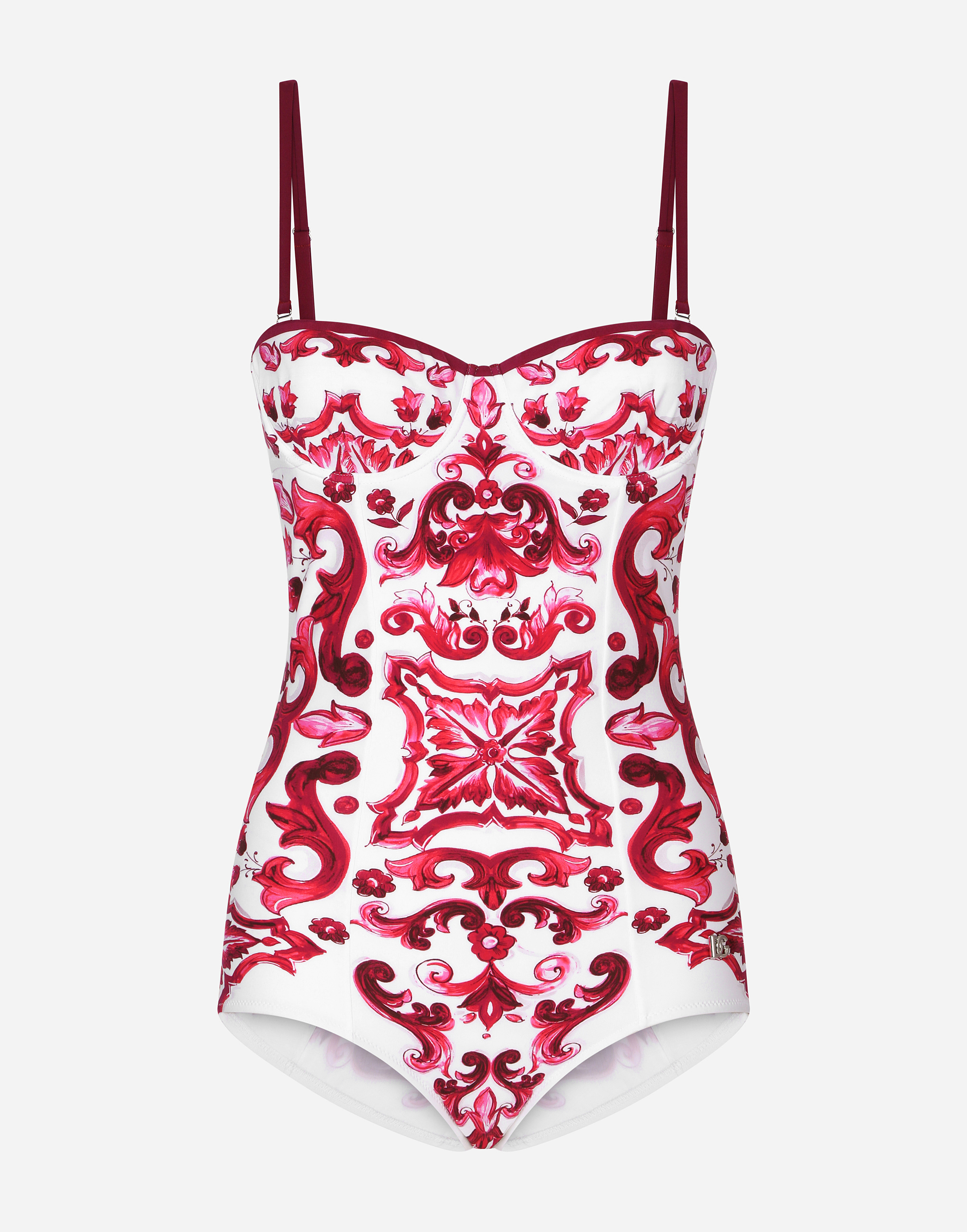 Majolica print balconette one-piece swimsuit in Multicolor