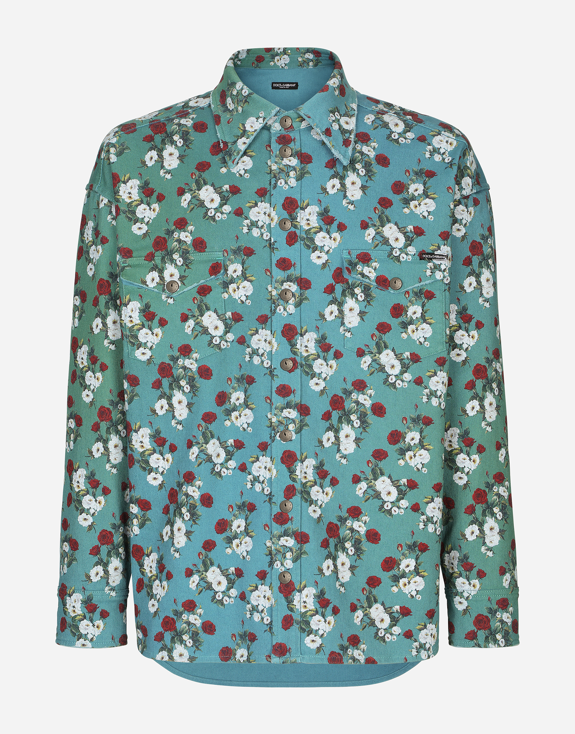 Oversize denim shirt with all-over floral print in Multicolor