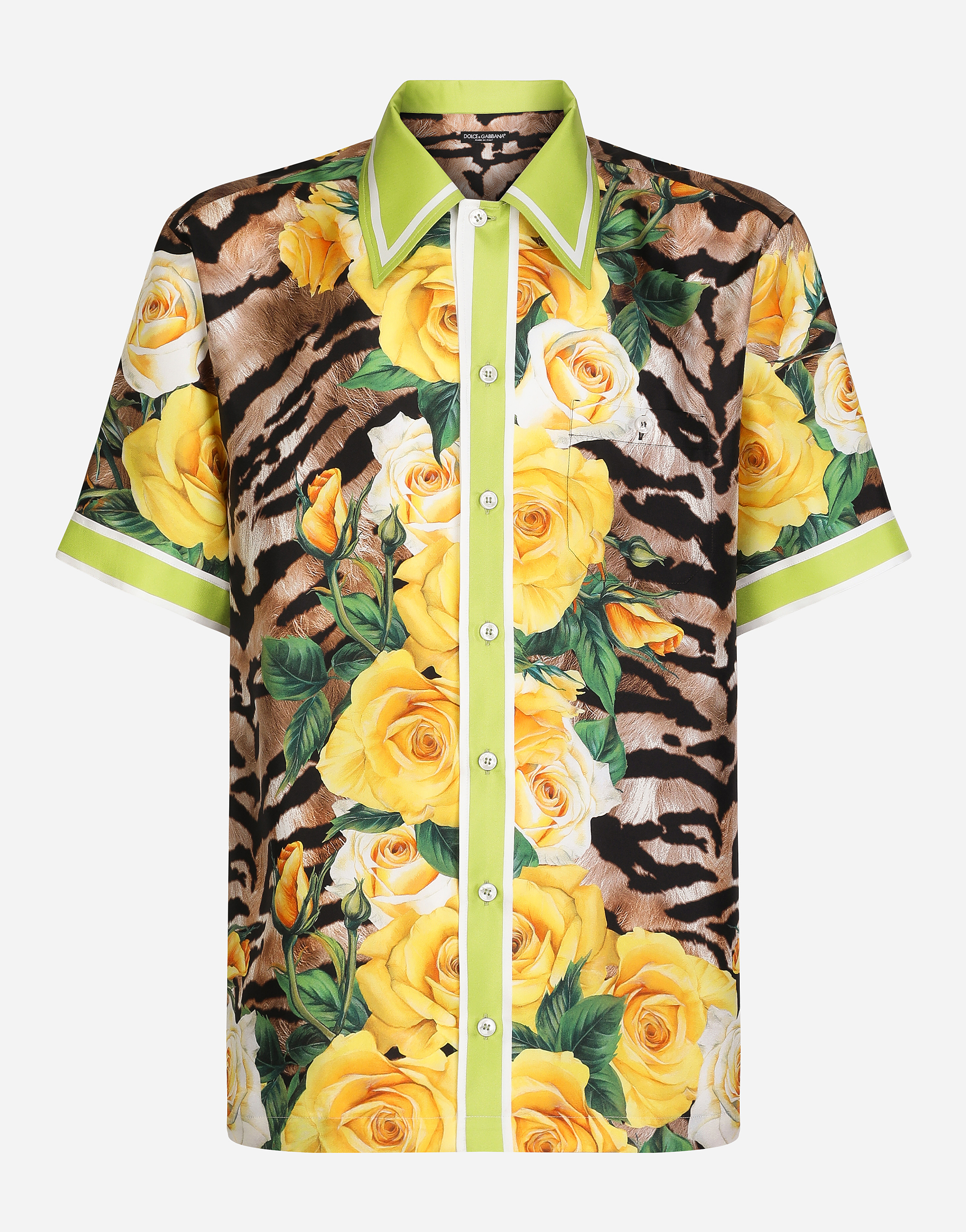 Silk Hawaiian shirt with rose and animal print in Multicolor