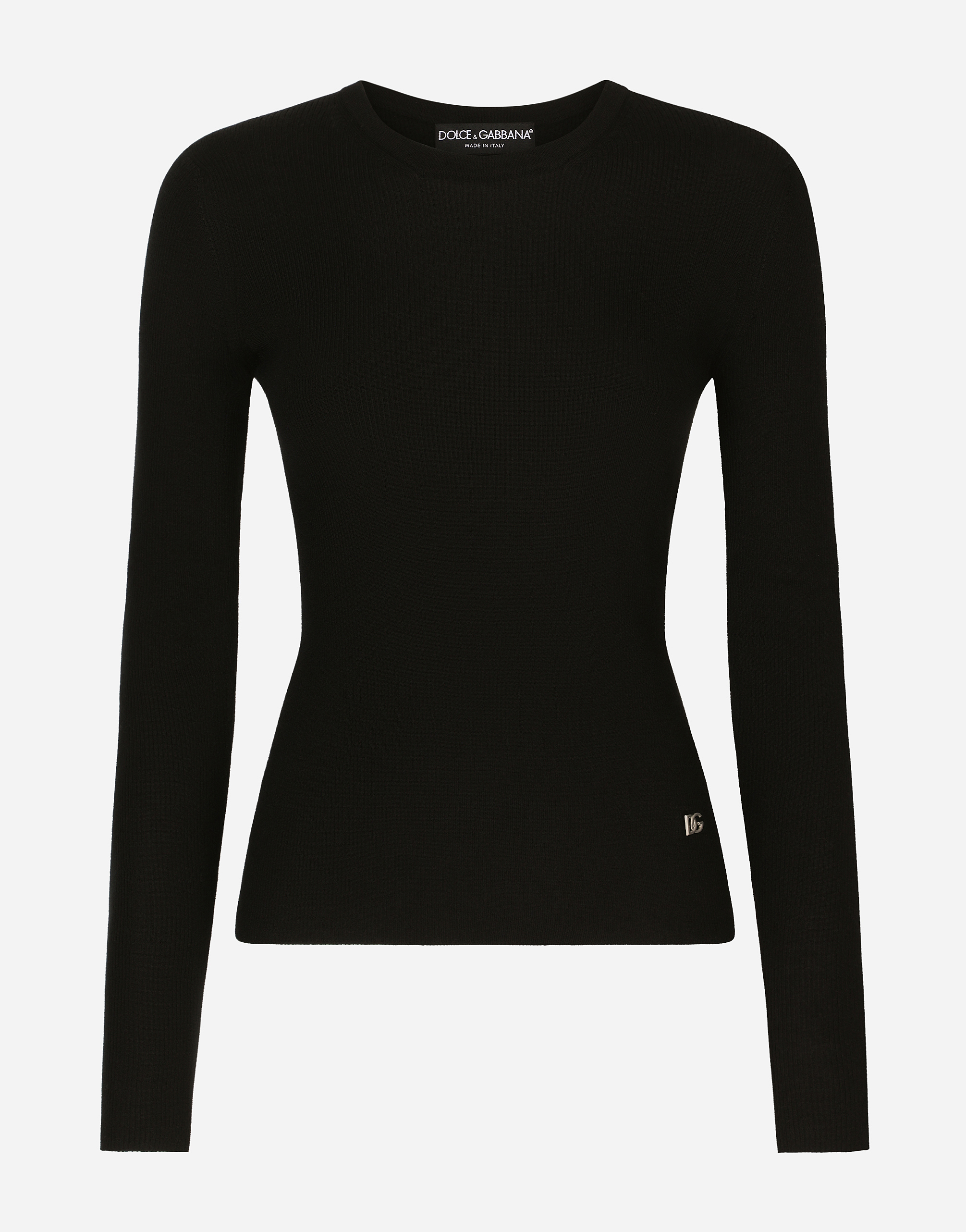 Ribbed cashmere and silk sweater with DG logo in Black