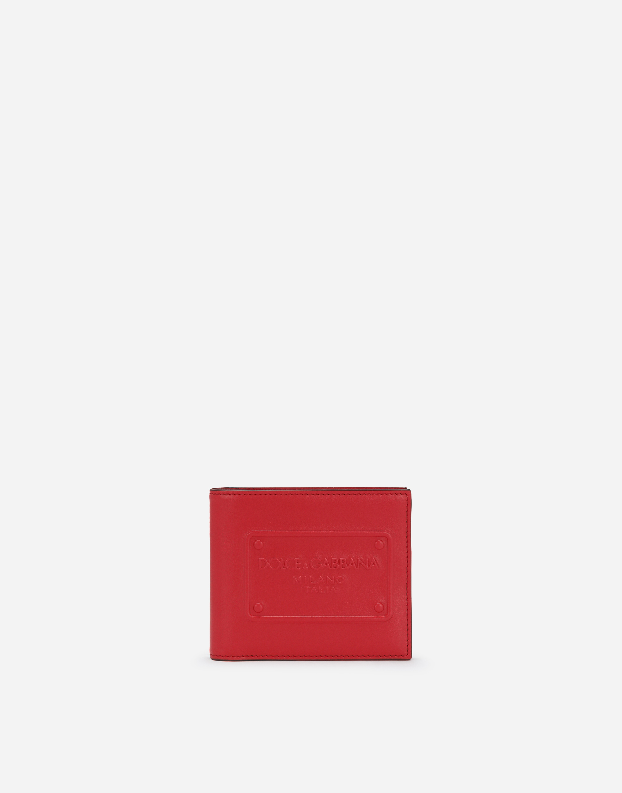 Calfskin bifold wallet with raised logo in Red