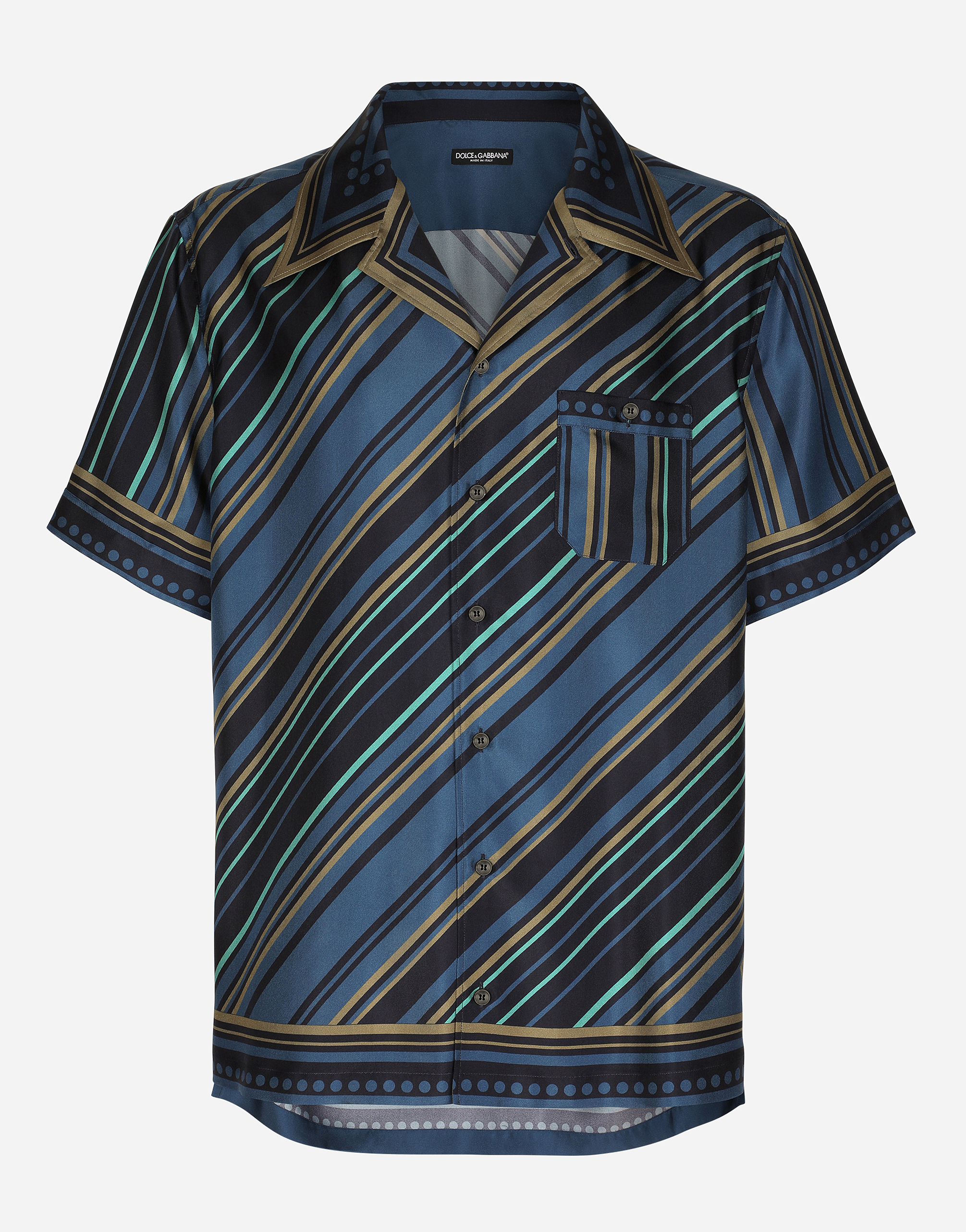 Silk Hawaiian shirt with diagonal striped print in Blue