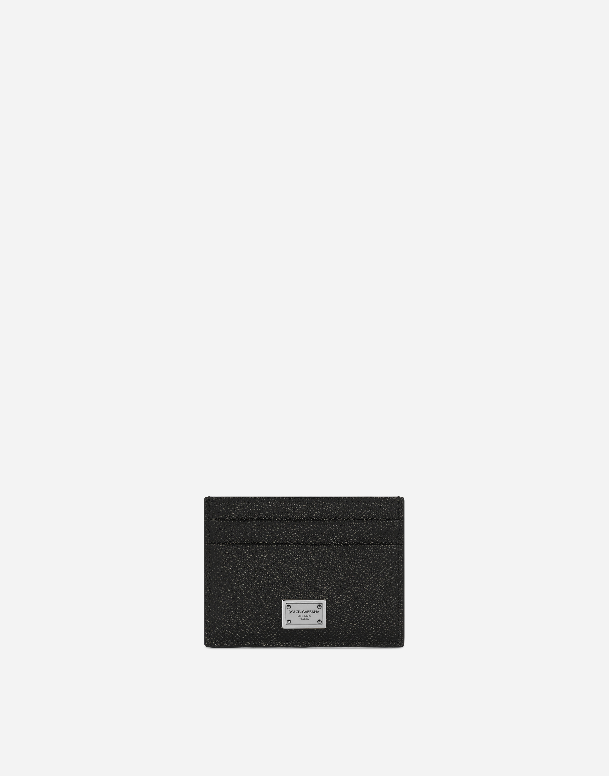 Calfskin card holder with branded plate in Black