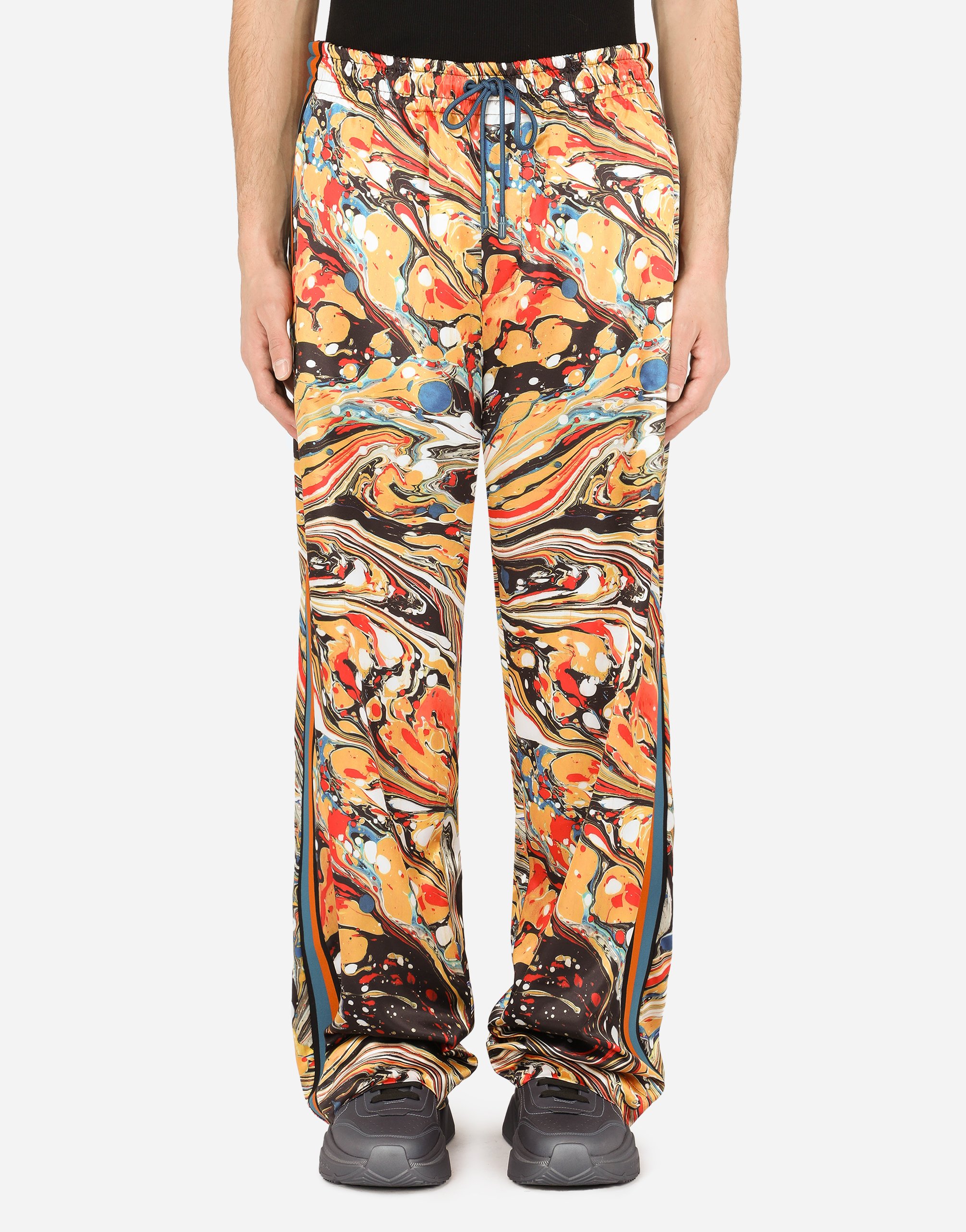 DOLCE & GABBANA SATIN JOGGING PANTS WITH BLUE MARBLED PRINT