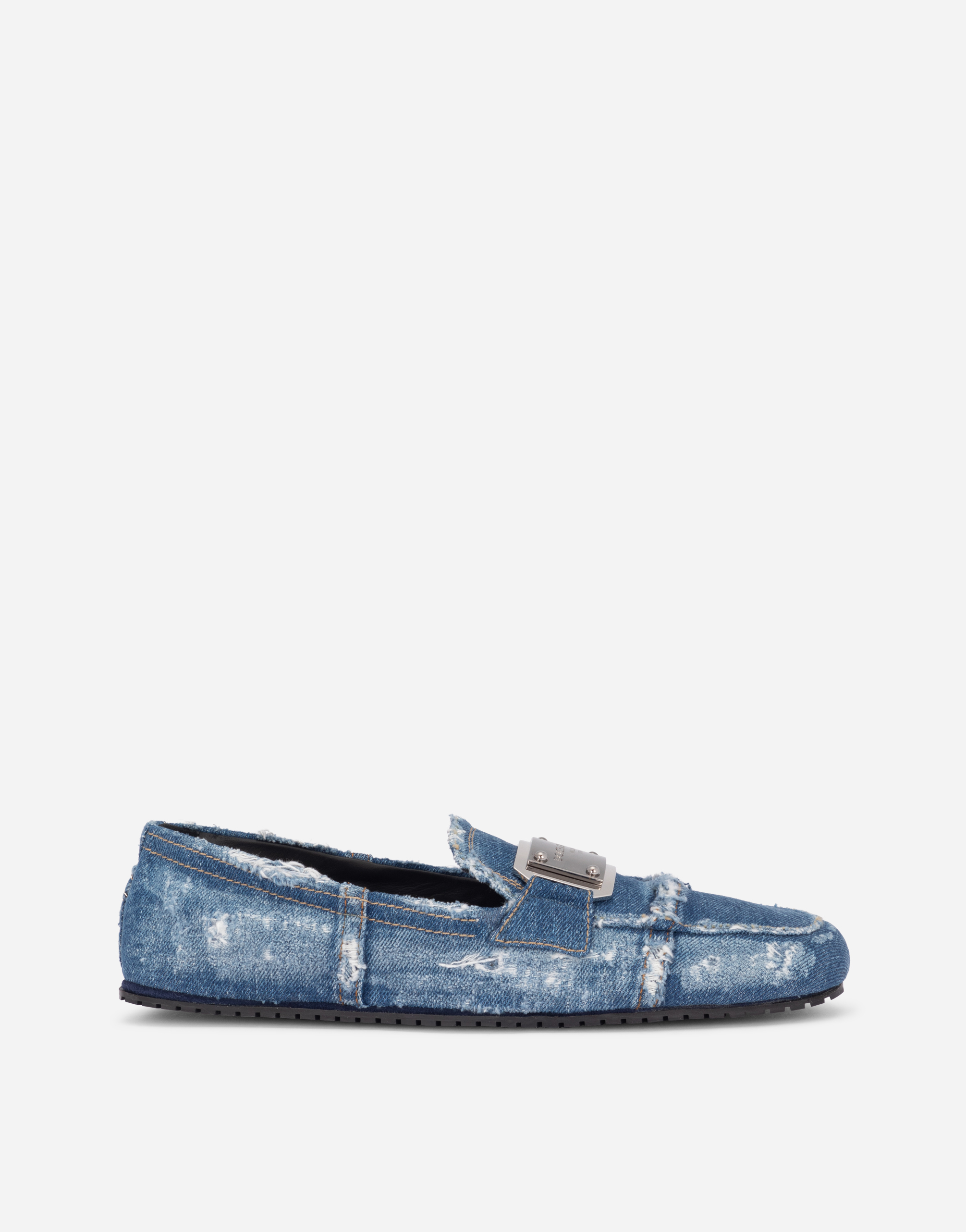 Patchwork denim loafers with logo tag in Blue
